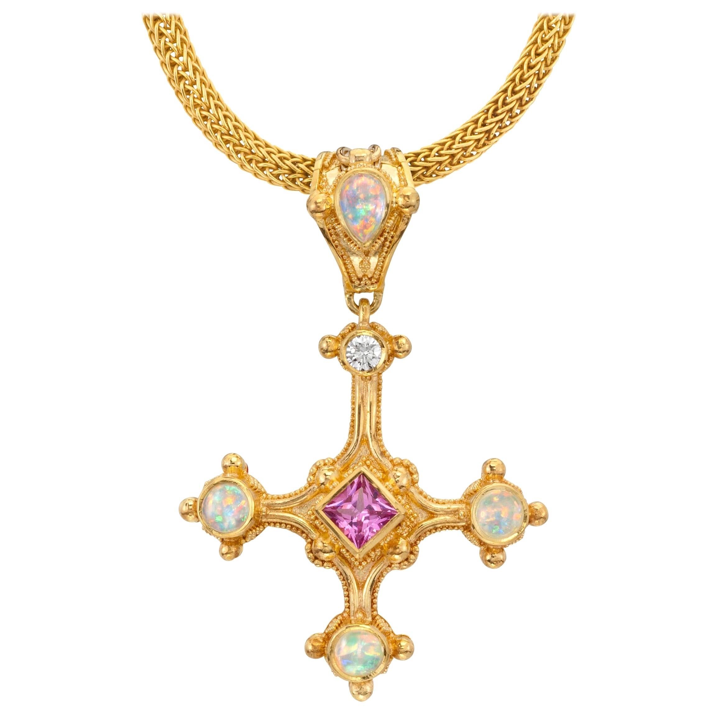 Cross Pendant with Pink Sapphire, Opal and Diamonds