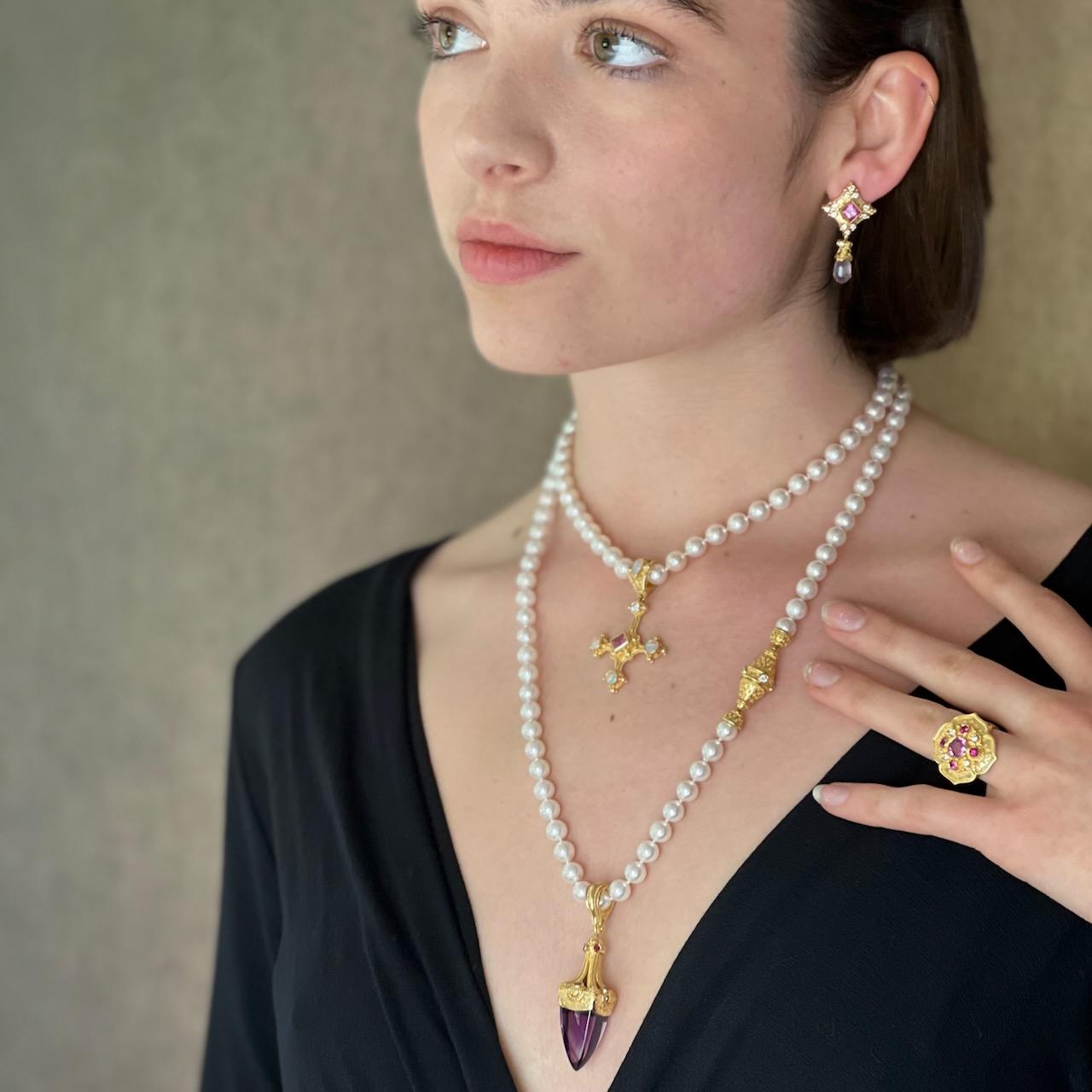 Cross Pendant with Pink Sapphire, Opal and Diamonds