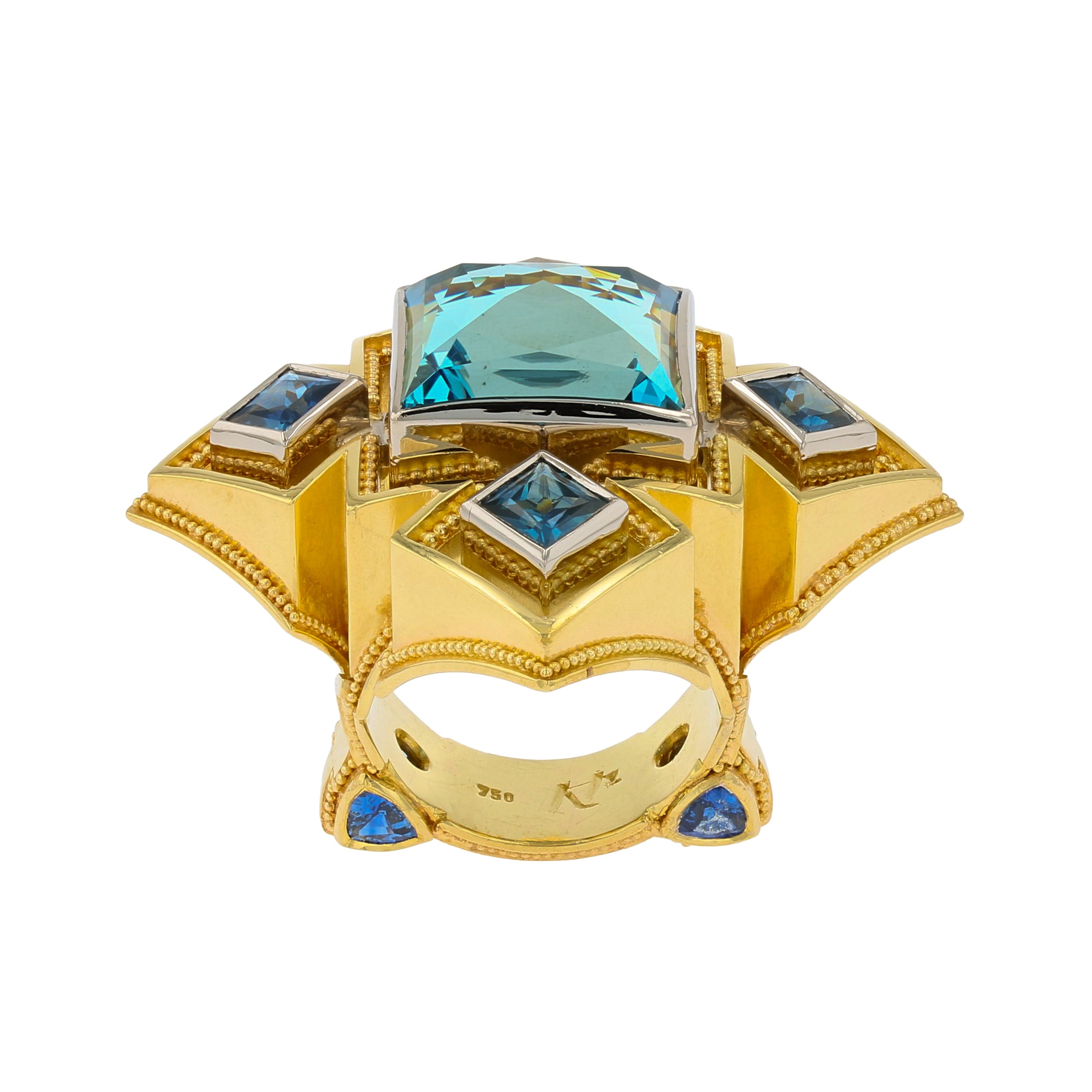 Cathedral Ring with Aquamarine and Blue Sapphires