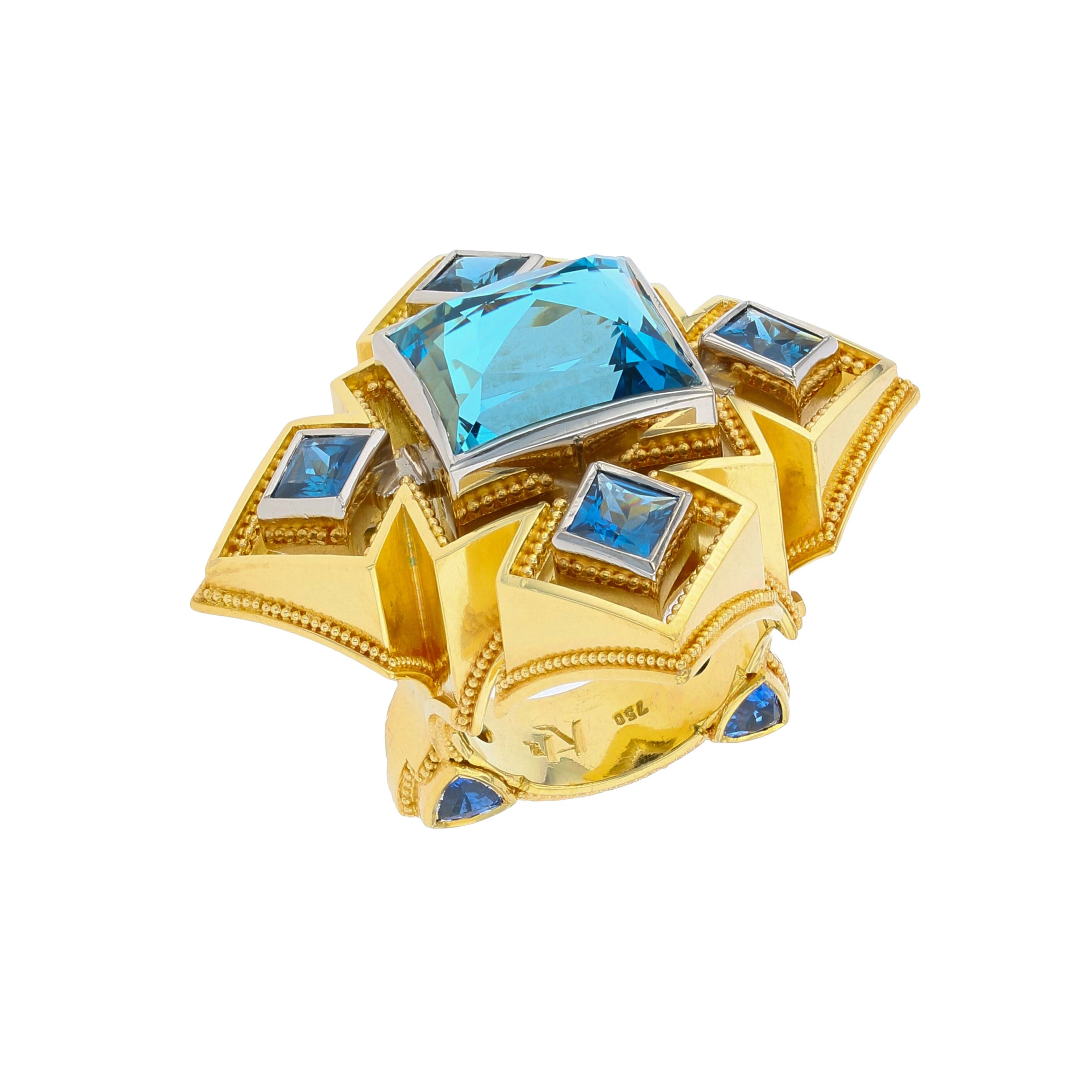 Cathedral Ring with Aquamarine and Blue Sapphires