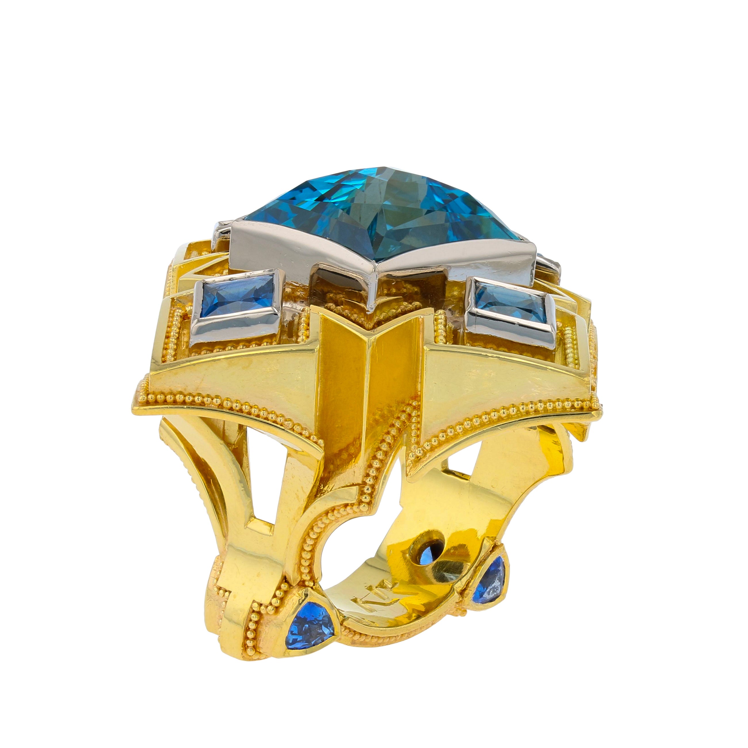 Cathedral Ring with Aquamarine and Blue Sapphires