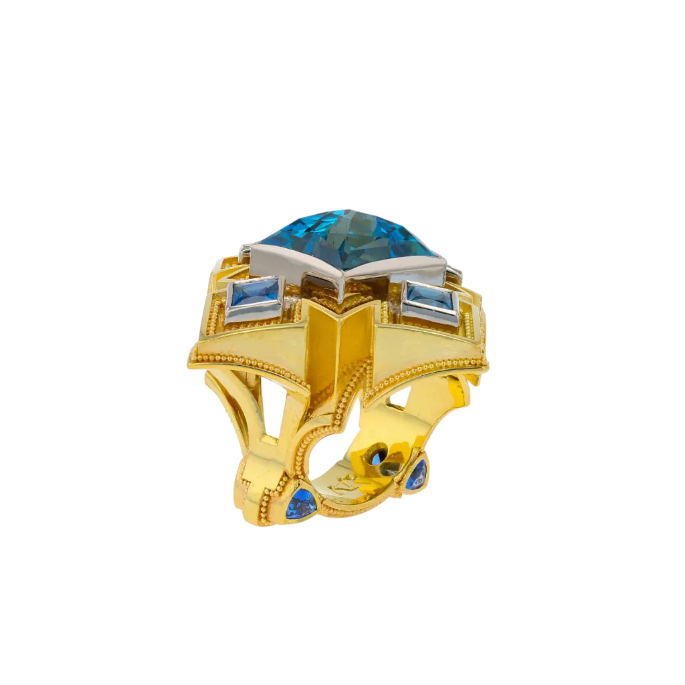 Cathedral Ring with Aquamarine and Blue Sapphires