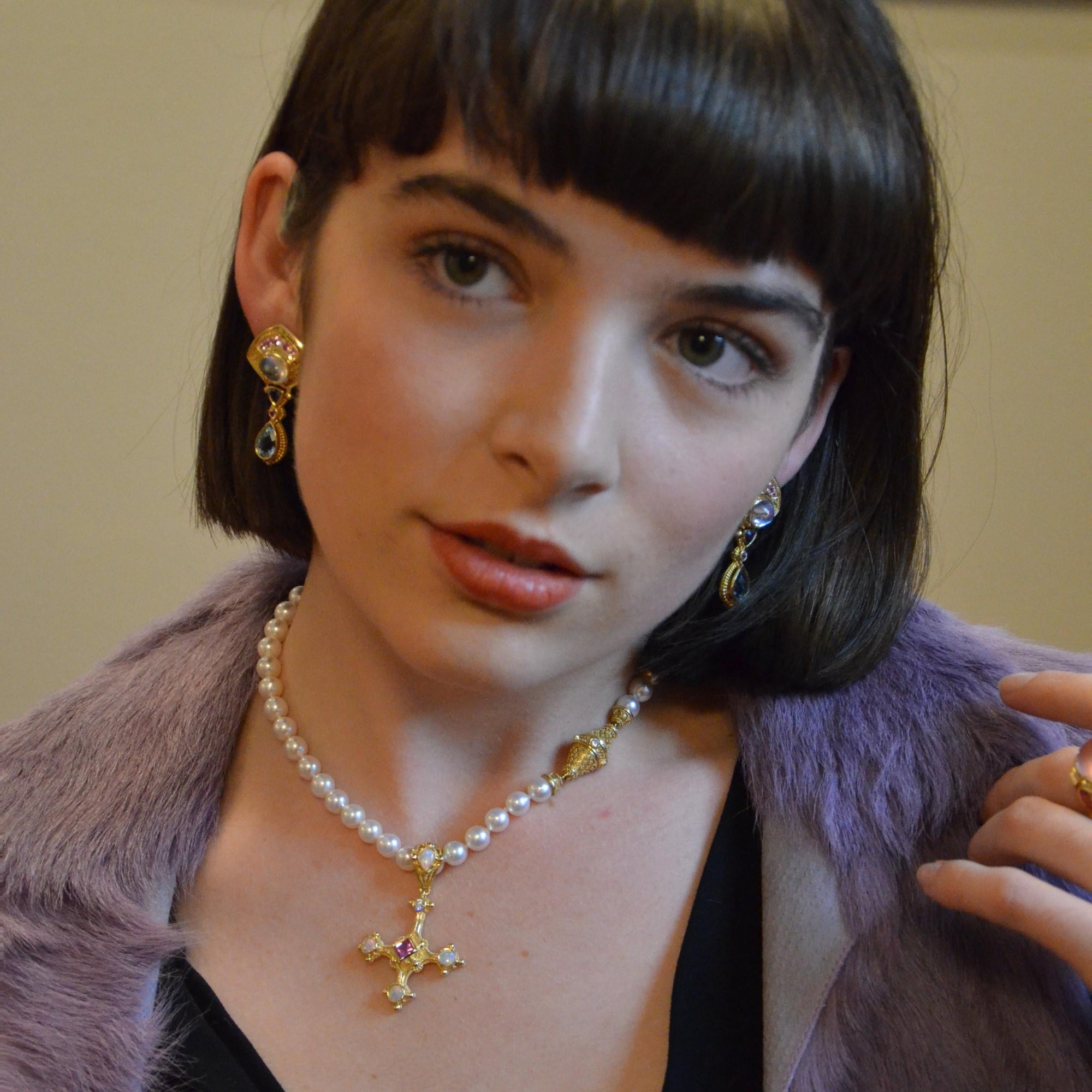 Cross Pendant with Pink Sapphire, Opal and Diamonds