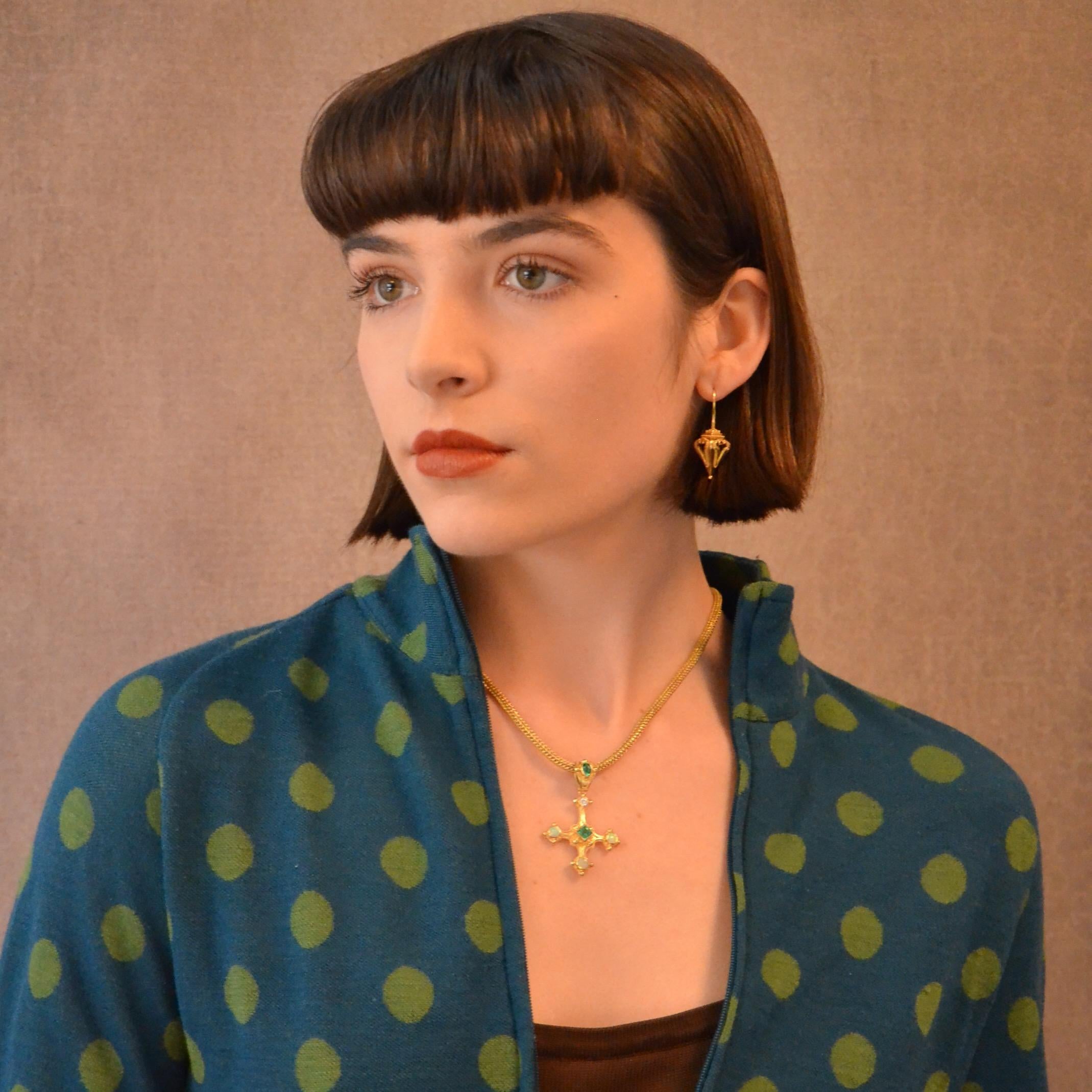 Cross Pendant with Emerald, Diamond and Opals