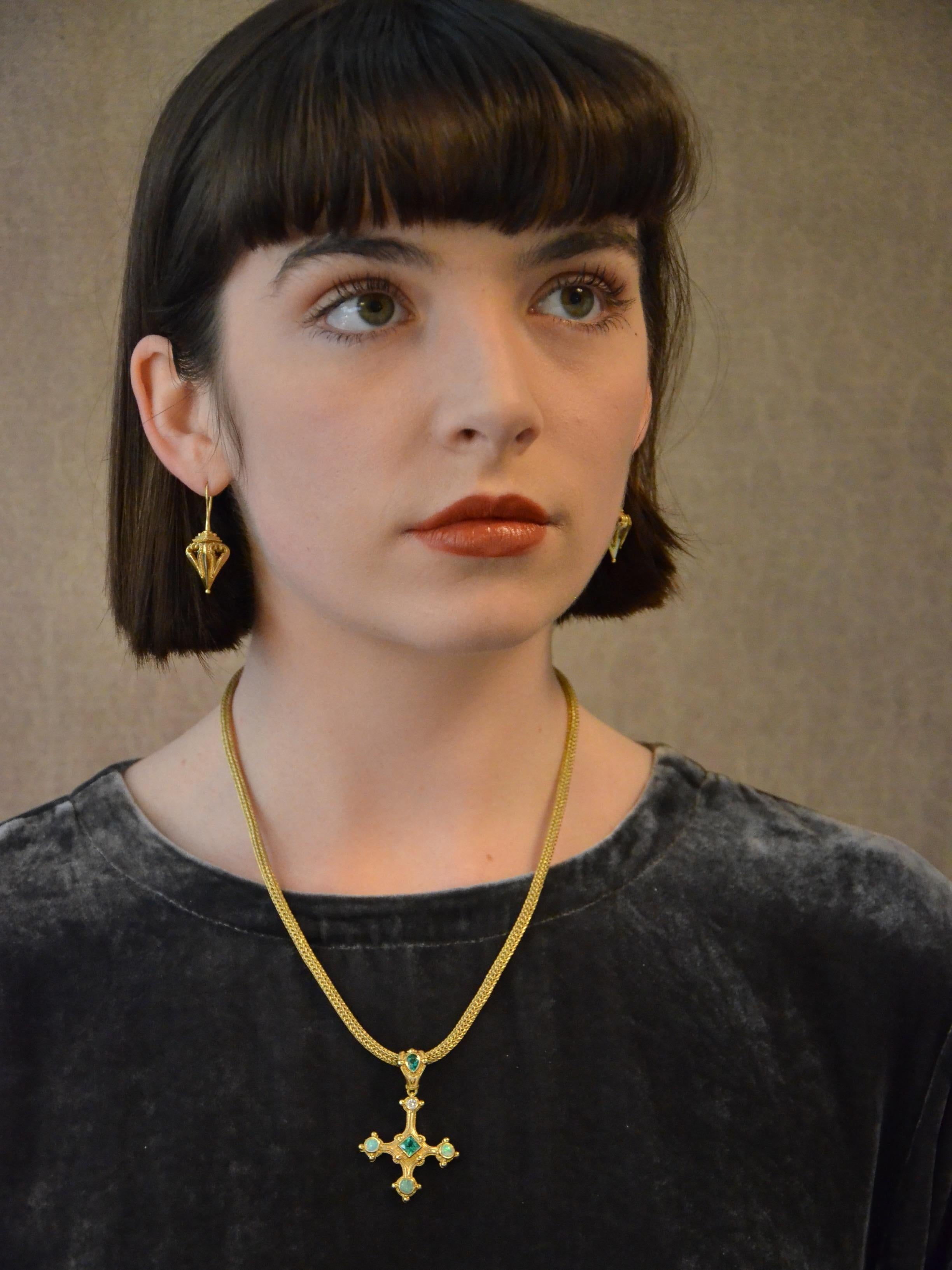 Cross Pendant with Emerald, Diamond and Opals