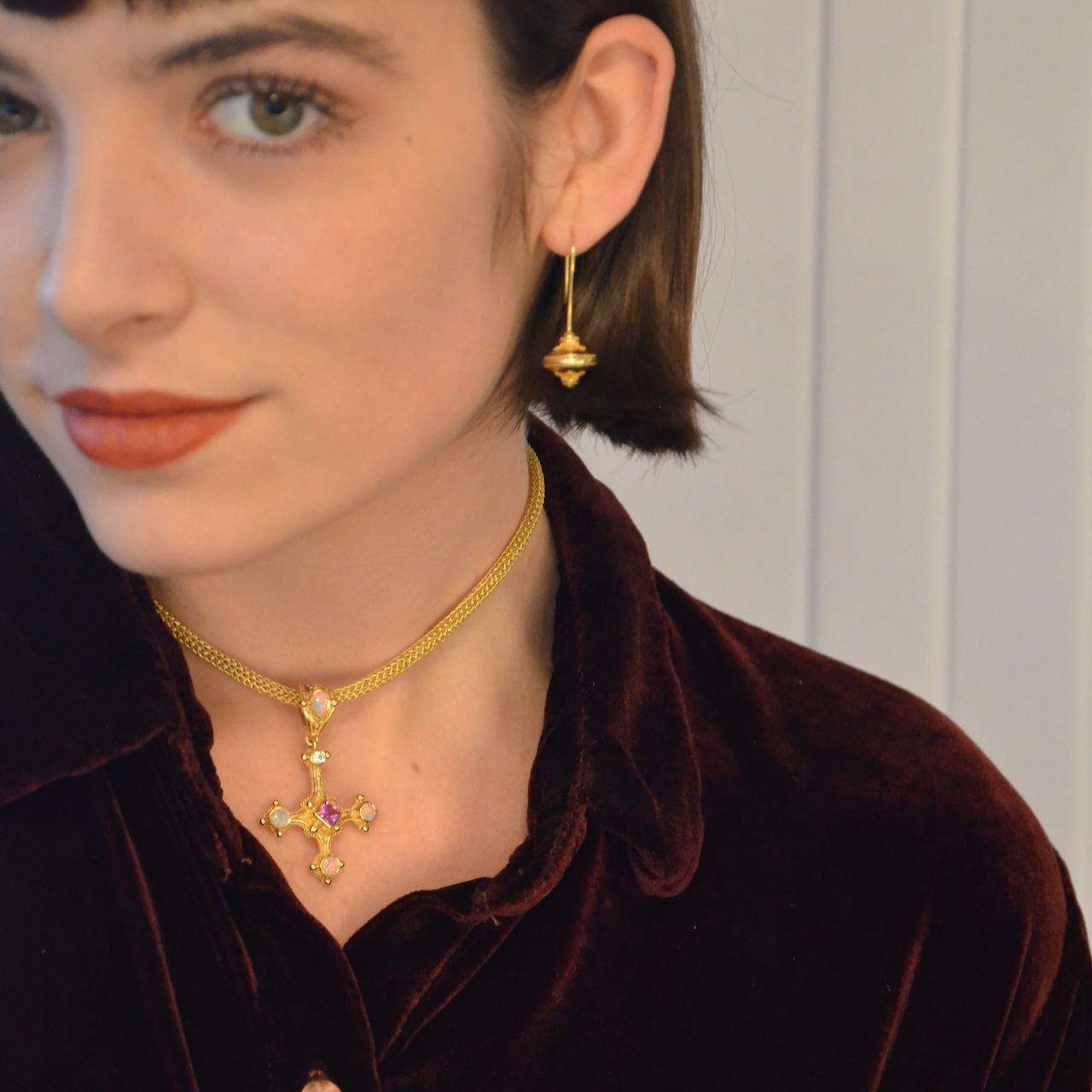 Cross Pendant with Pink Sapphire, Opal and Diamonds