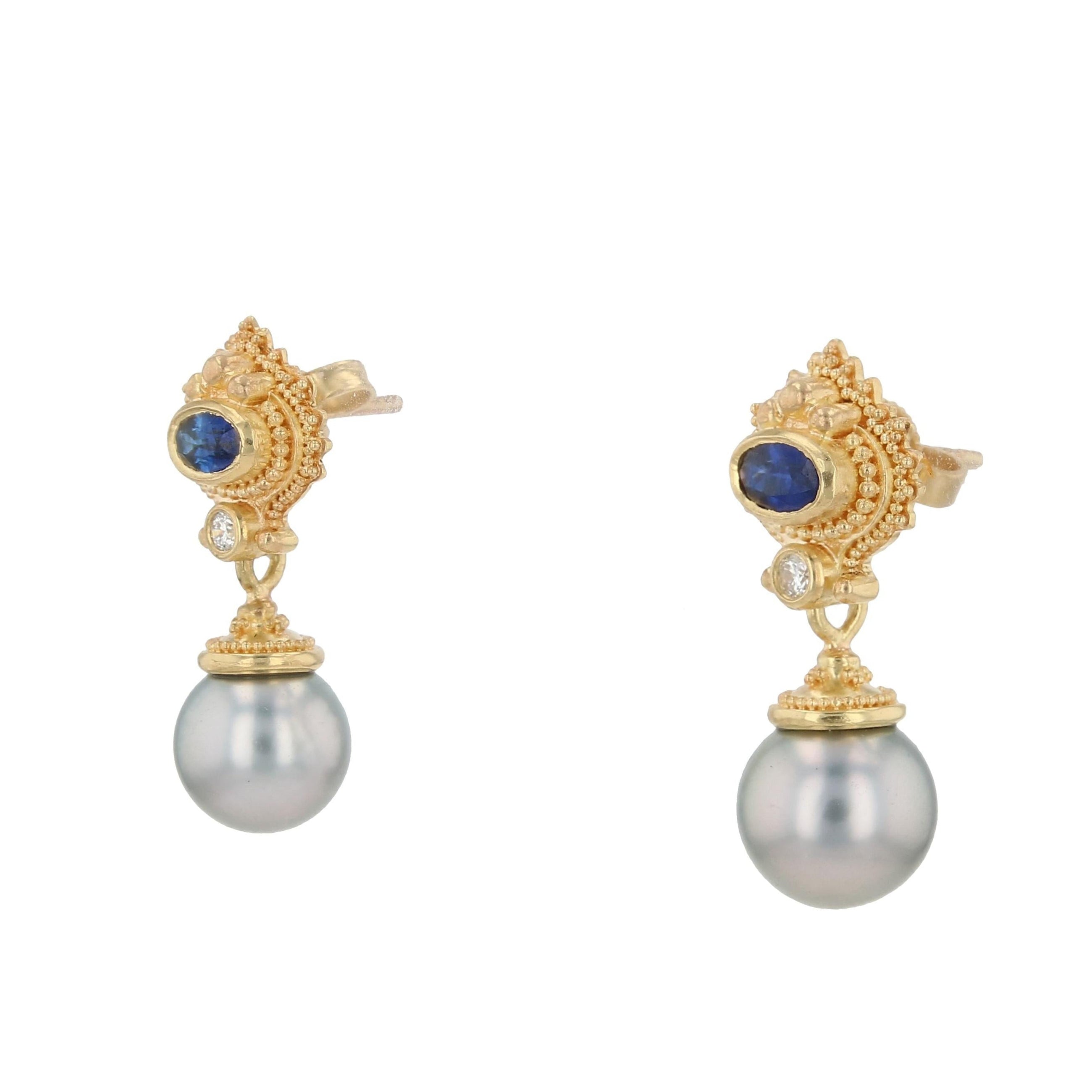 Blue Sapphire, Diamond and Edison Pearl Drop Earrings