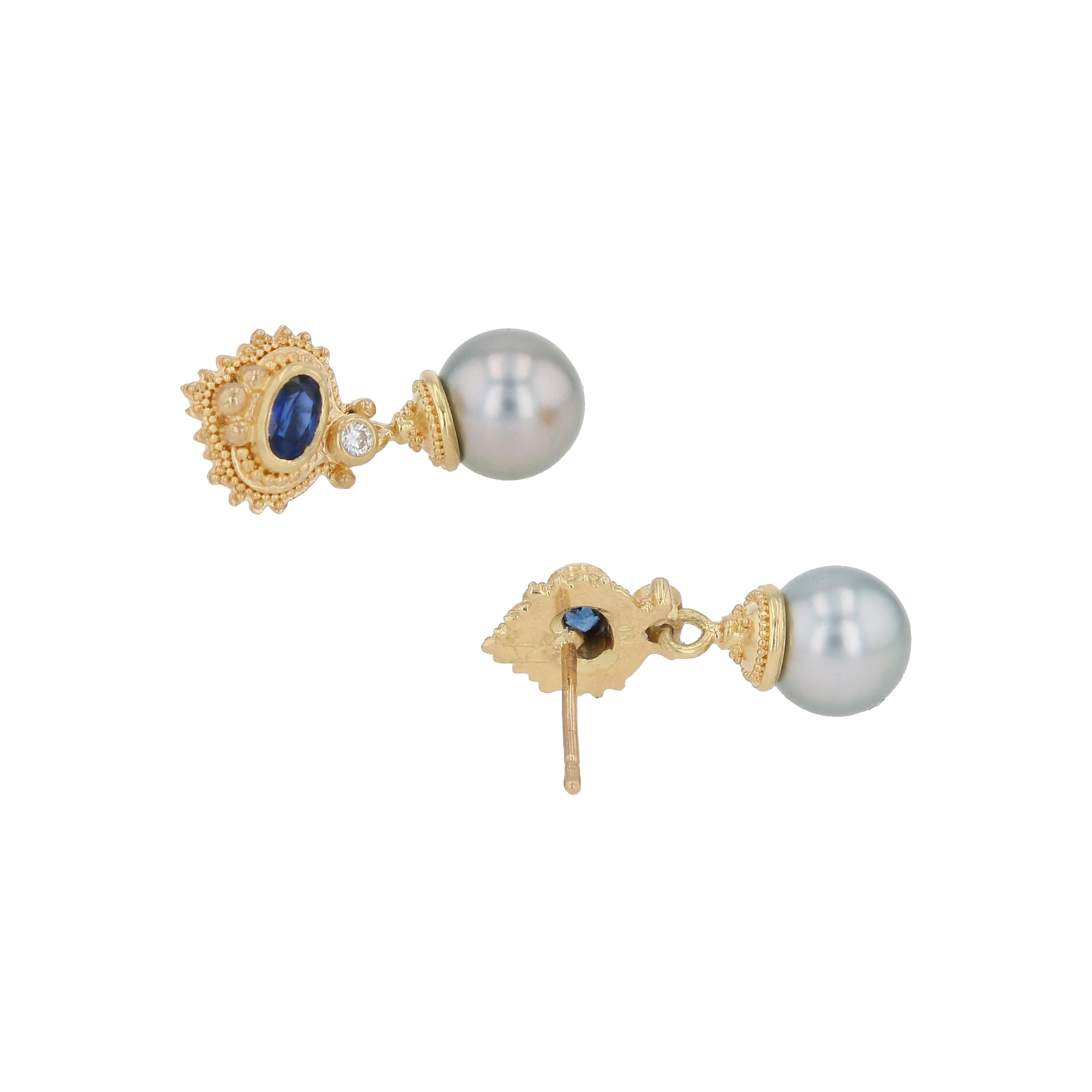 Blue Sapphire, Diamond and Edison Pearl Drop Earrings