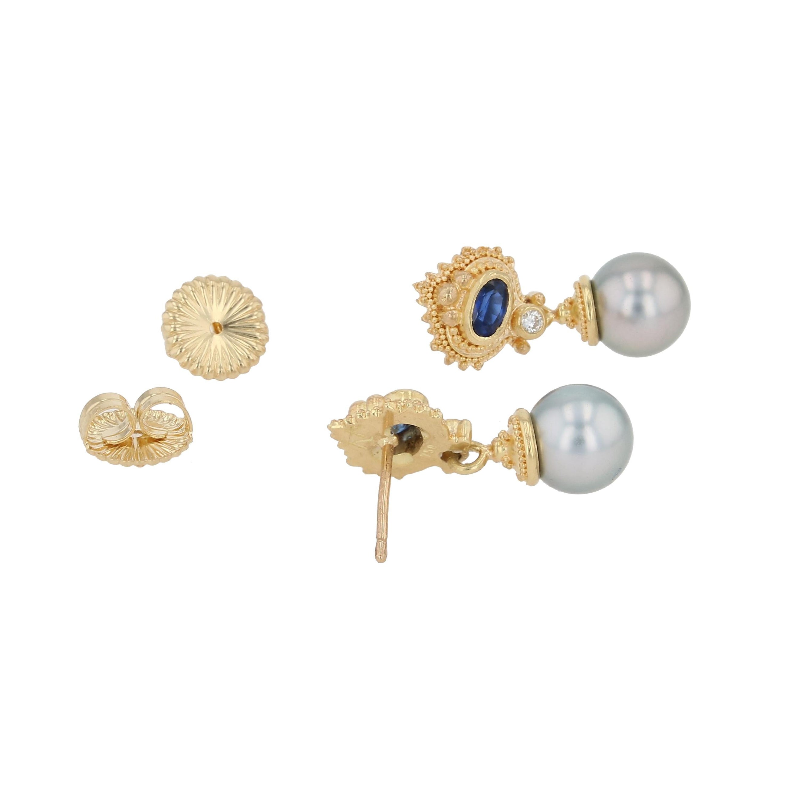 Blue Sapphire, Diamond and Edison Pearl Drop Earrings