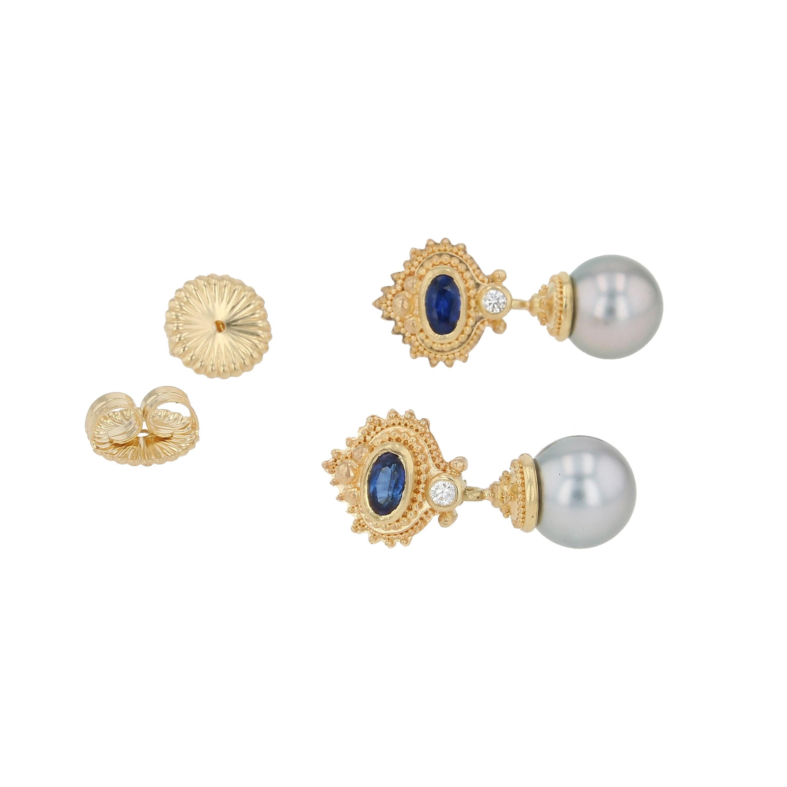 Blue Sapphire, Diamond and Edison Pearl Drop Earrings