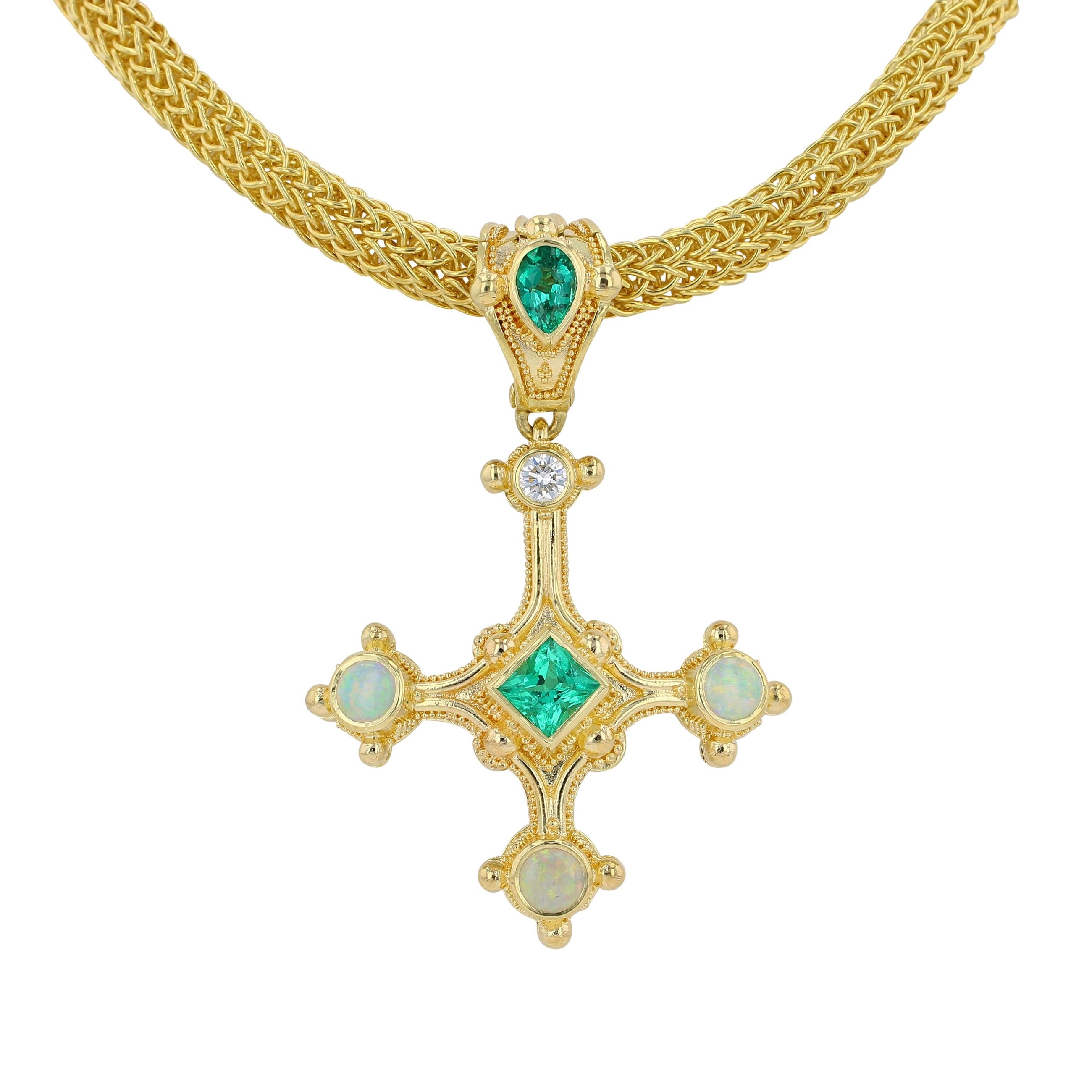 Cross Pendant with Emerald, Diamond and Opals