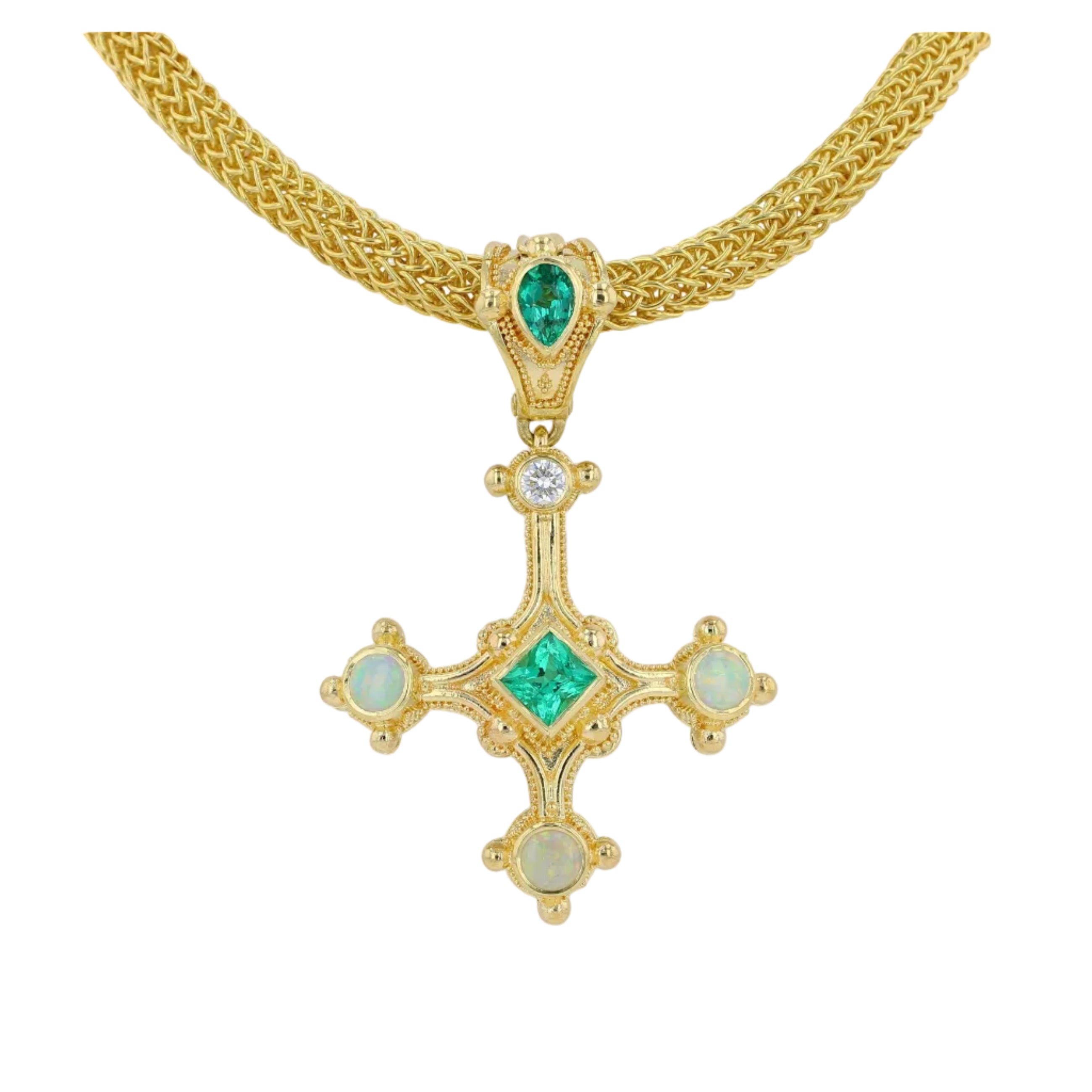 Cross Pendant with Emerald, Diamond and Opals