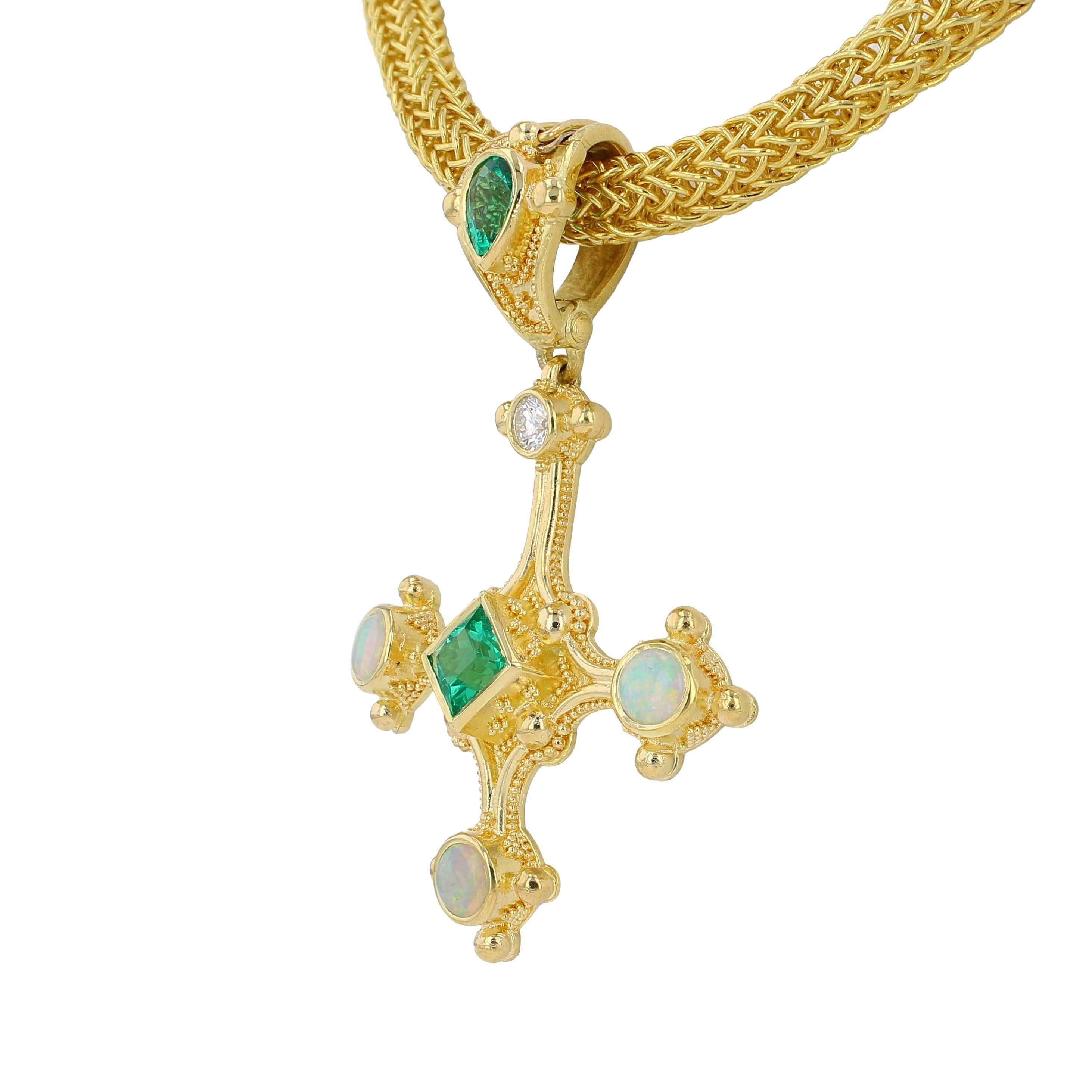 Cross Pendant with Emerald, Diamond and Opals