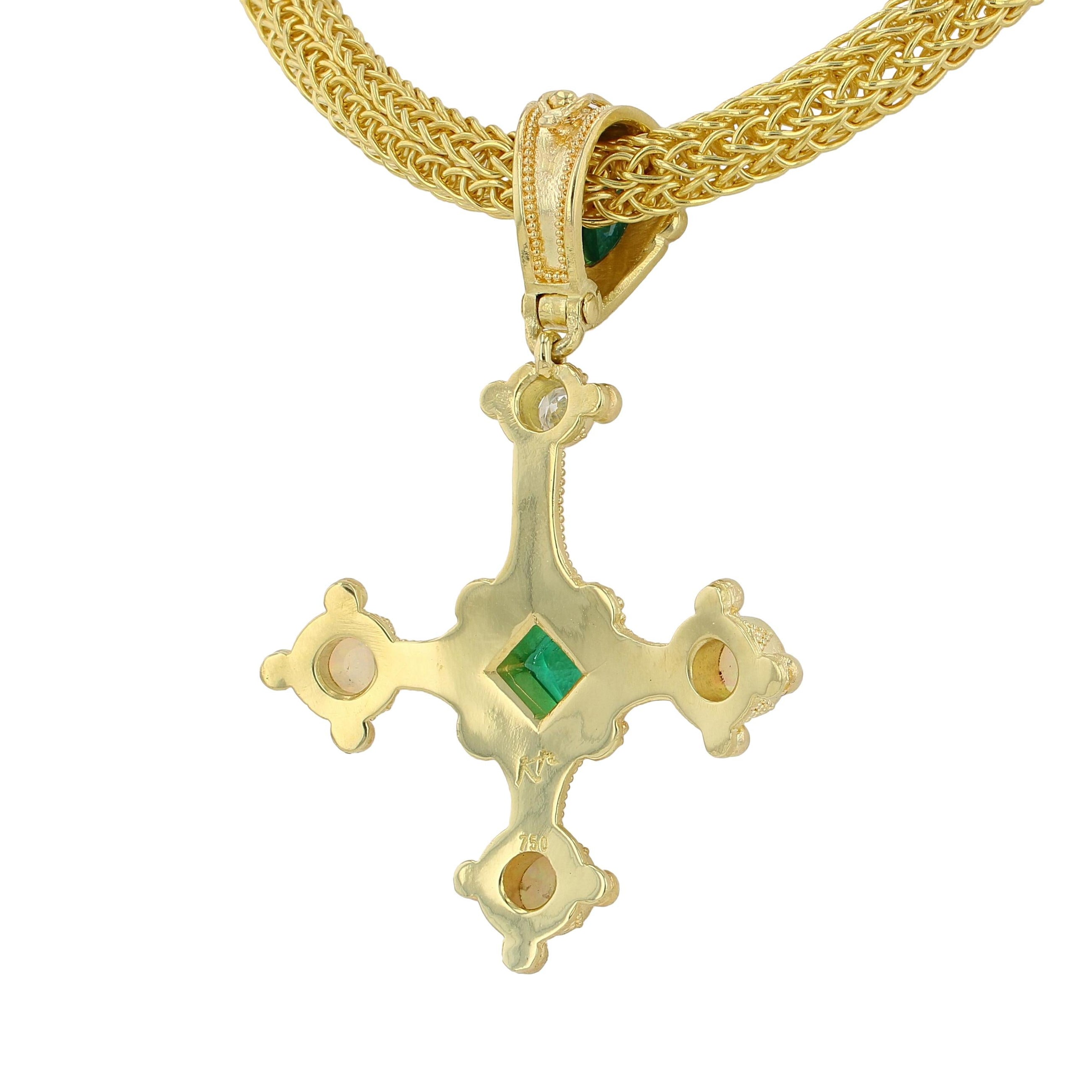 Cross Pendant with Emerald, Diamond and Opals