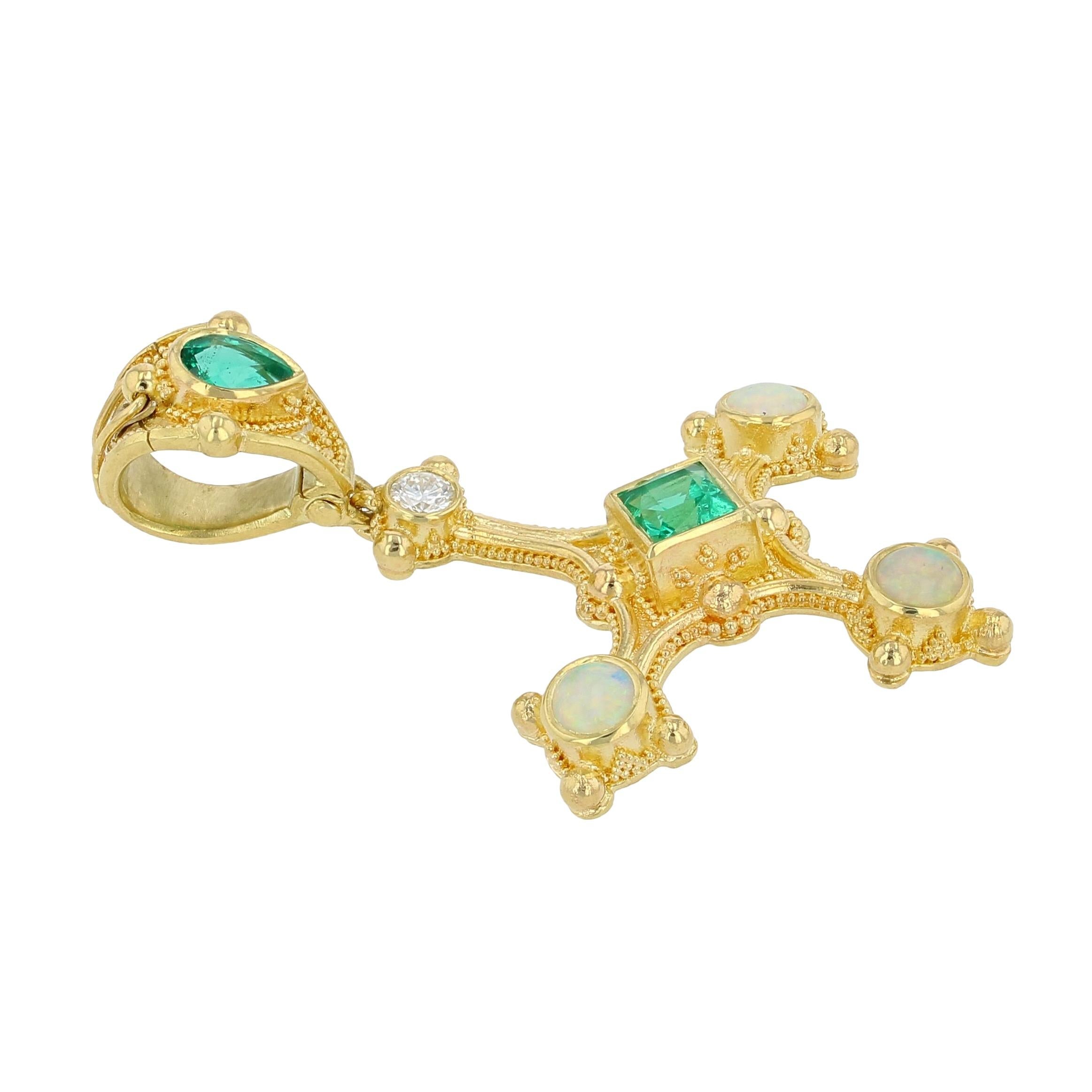 Cross Pendant with Emerald, Diamond and Opals