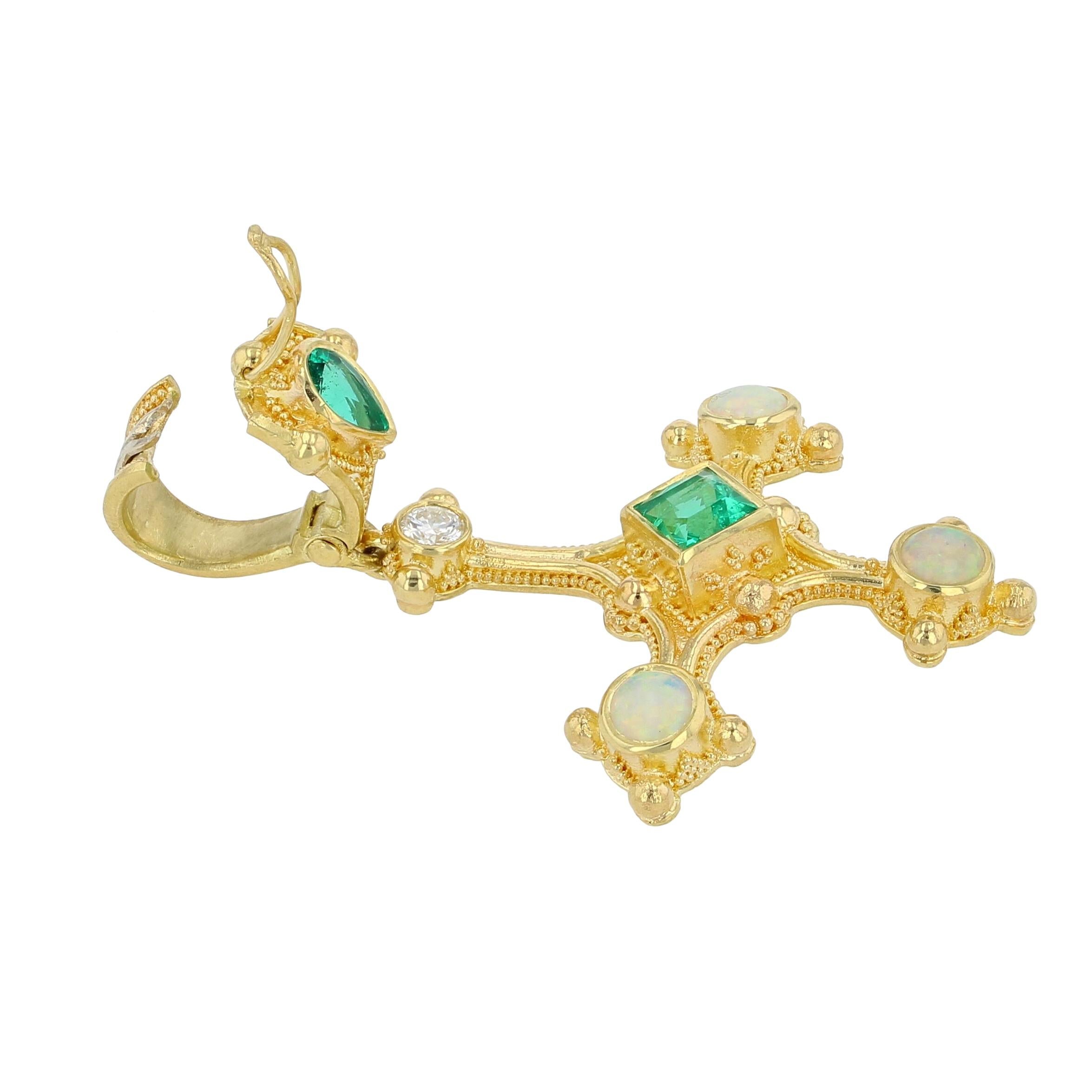 Cross Pendant with Emerald, Diamond and Opals