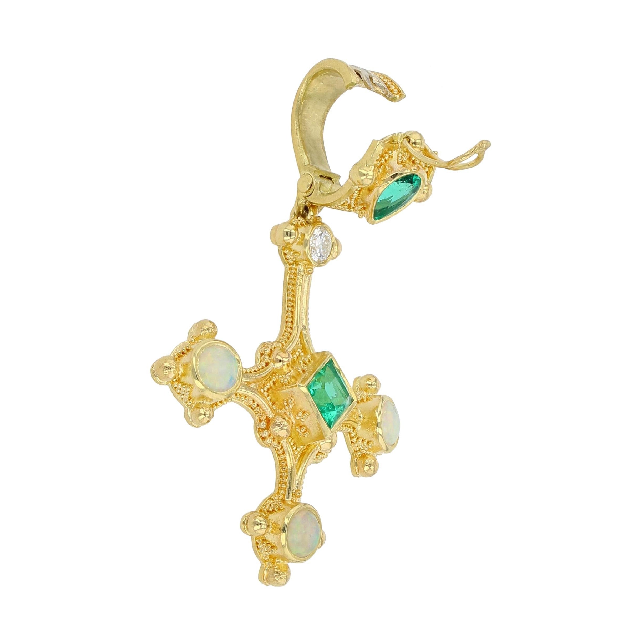 Cross Pendant with Emerald, Diamond and Opals