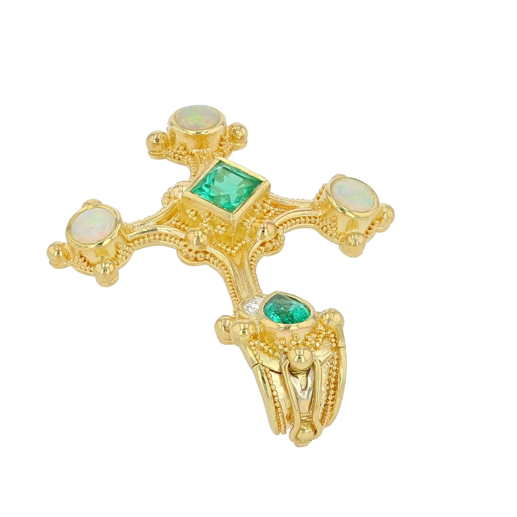 Cross Pendant with Emerald, Diamond and Opals