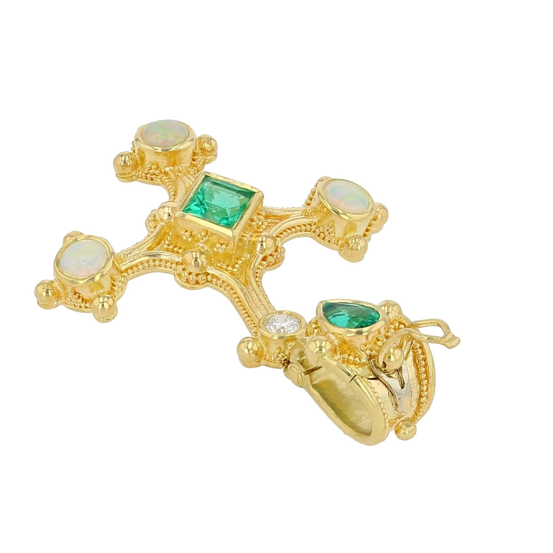 Cross Pendant with Emerald, Diamond and Opals
