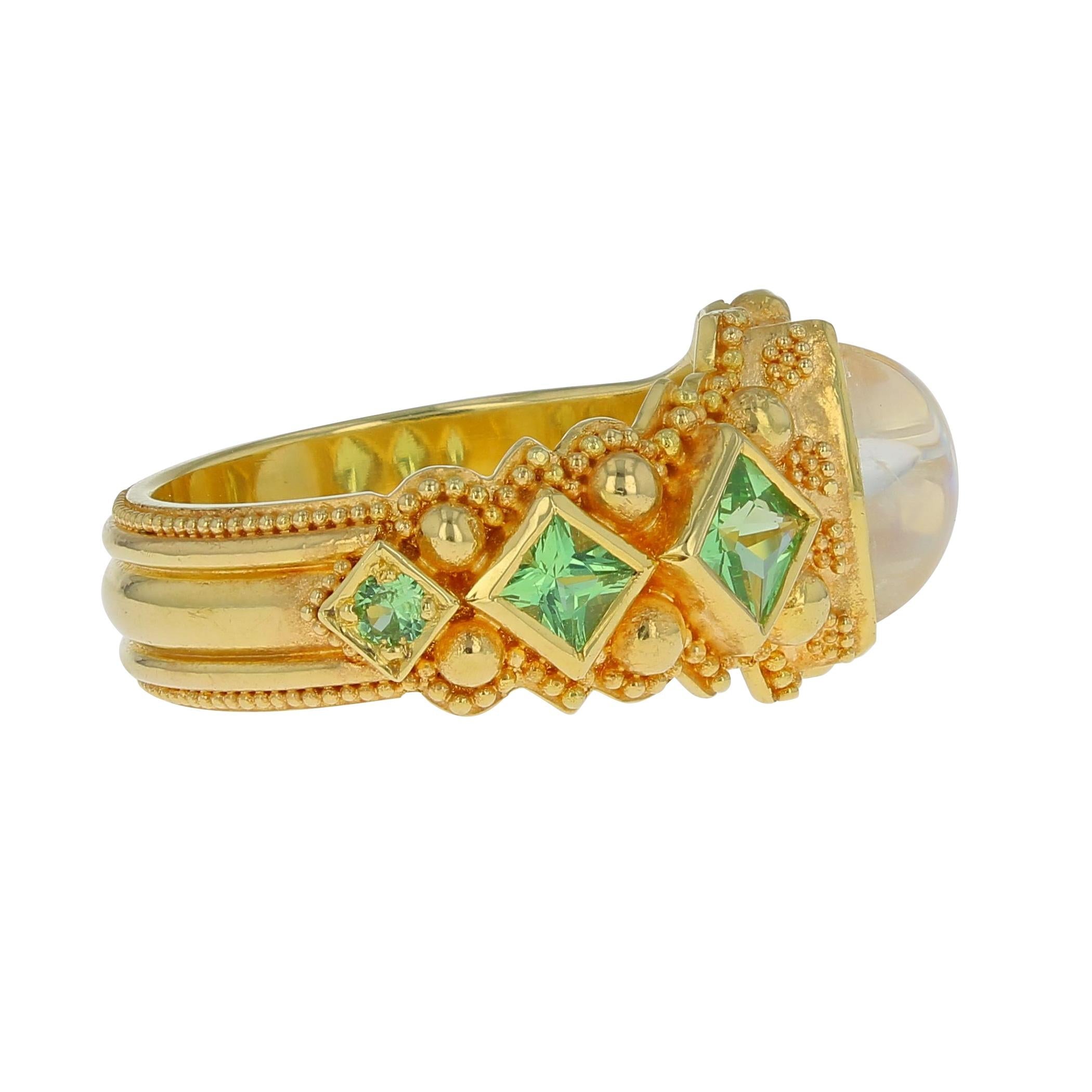 Asymmetrical Moonstone and Green Garnet Ring