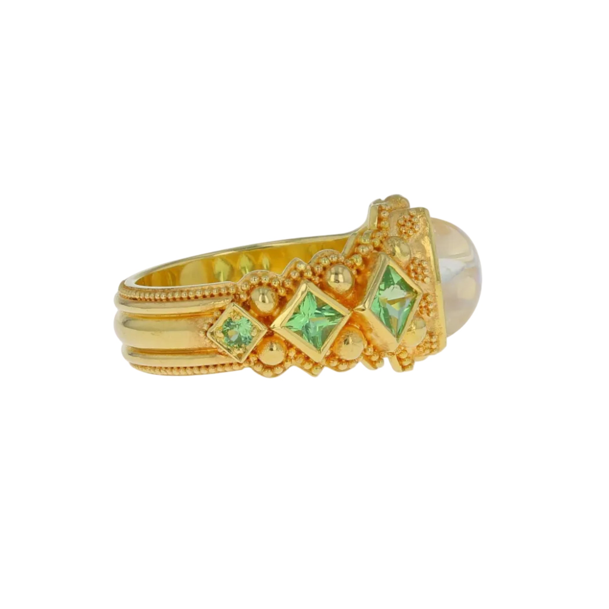 Asymmetrical Moonstone and Green Garnet Ring