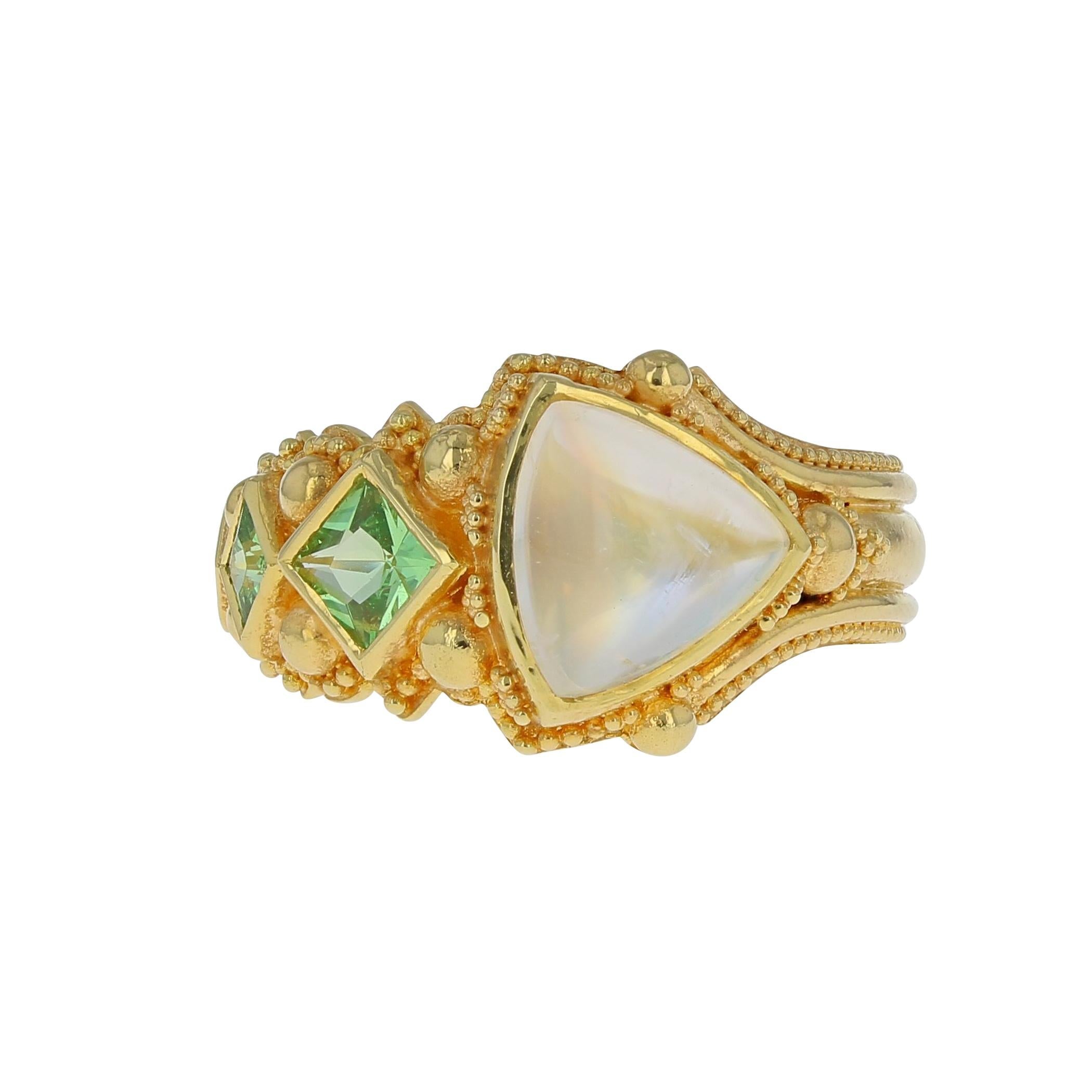Asymmetrical Moonstone and Green Garnet Ring