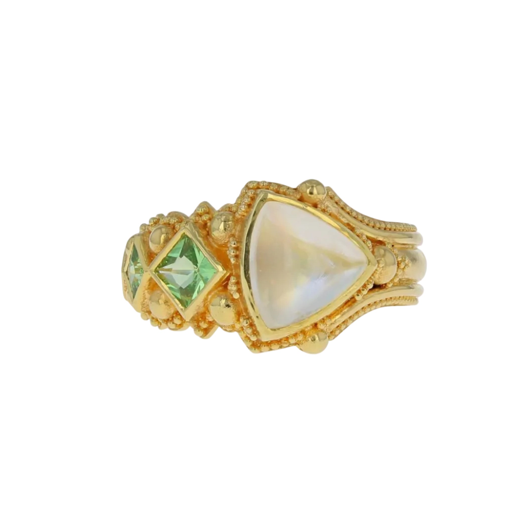 Asymmetrical Moonstone and Green Garnet Ring