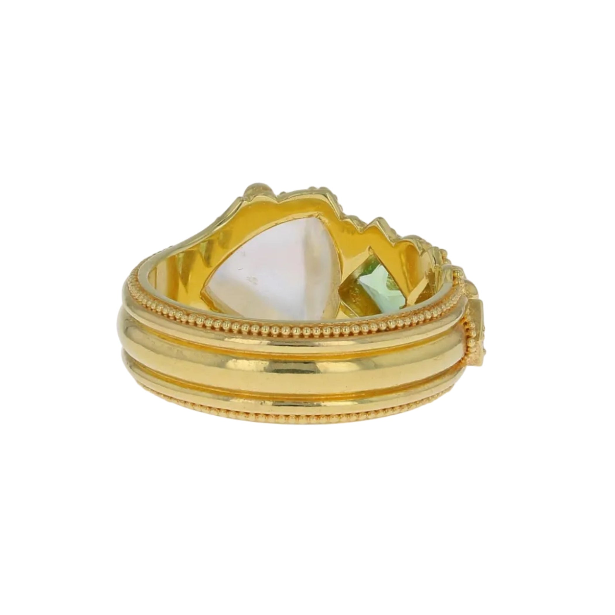 Asymmetrical Moonstone and Green Garnet Ring