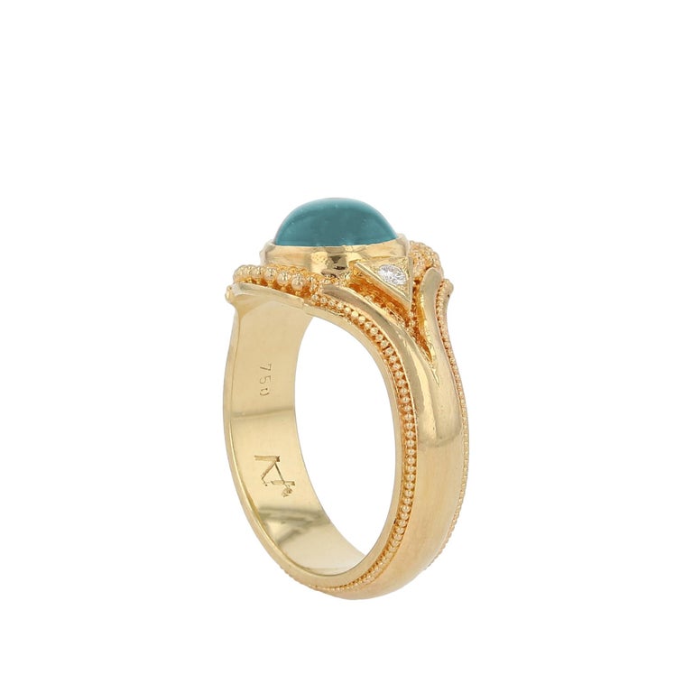 Round Seafoam Tourmaline Cabochon Ring with Diamond accents