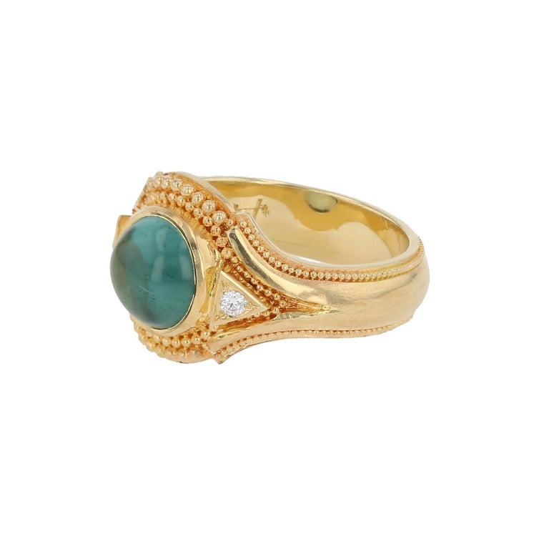 Round Seafoam Tourmaline Cabochon Ring with Diamond accents