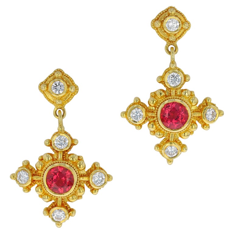 18 Karat Gold Earrings with Red Spinel, Diamonds and Granulation