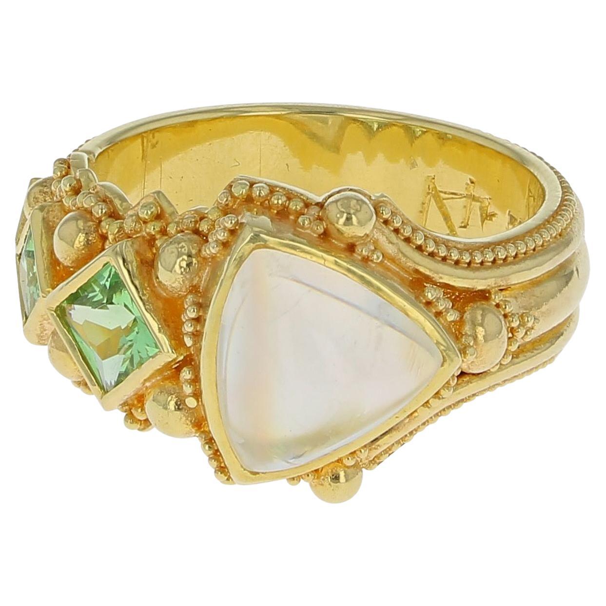Asymmetrical Moonstone and Green Garnet Ring
