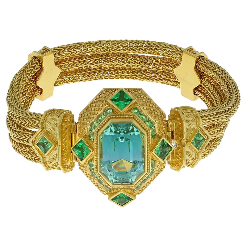Kent Raible 18 Karat Gold Seafoam Tourmaline Chain Bracelet with Granulation
