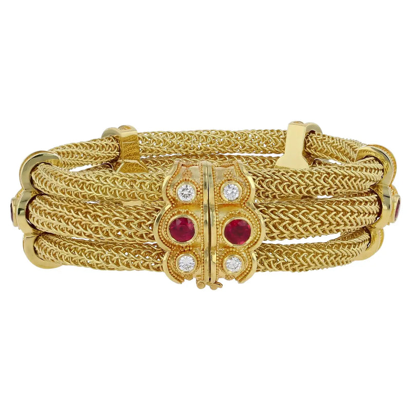 Kent Raible Triple Strand Woven Chain Bracelet with Rubies and Diamonds