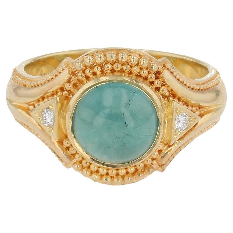 Round Seafoam Tourmaline Cabochon Ring with Diamond accents
