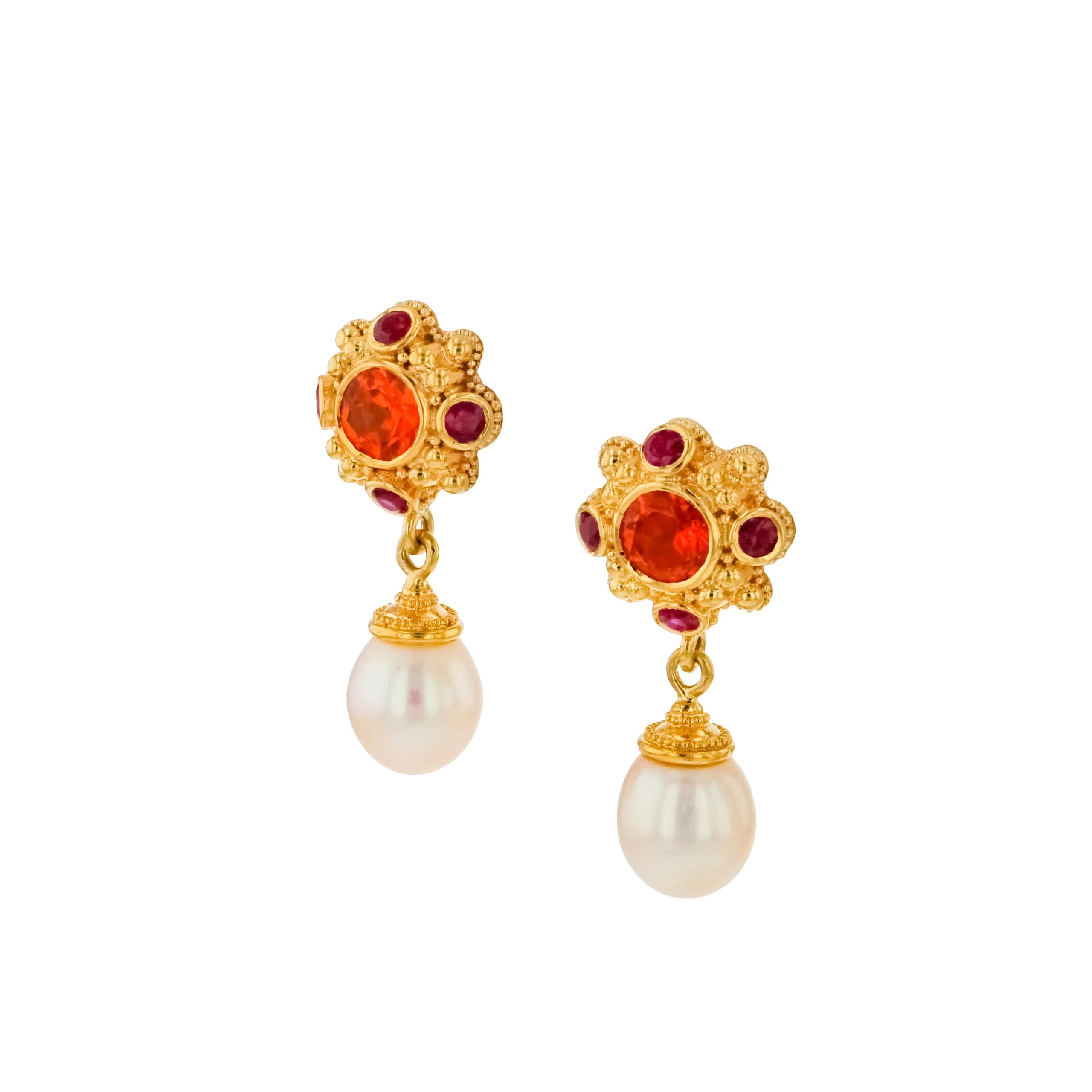 Flower Drop Earring, Mandarin Garnet, Ruby and Pearl
