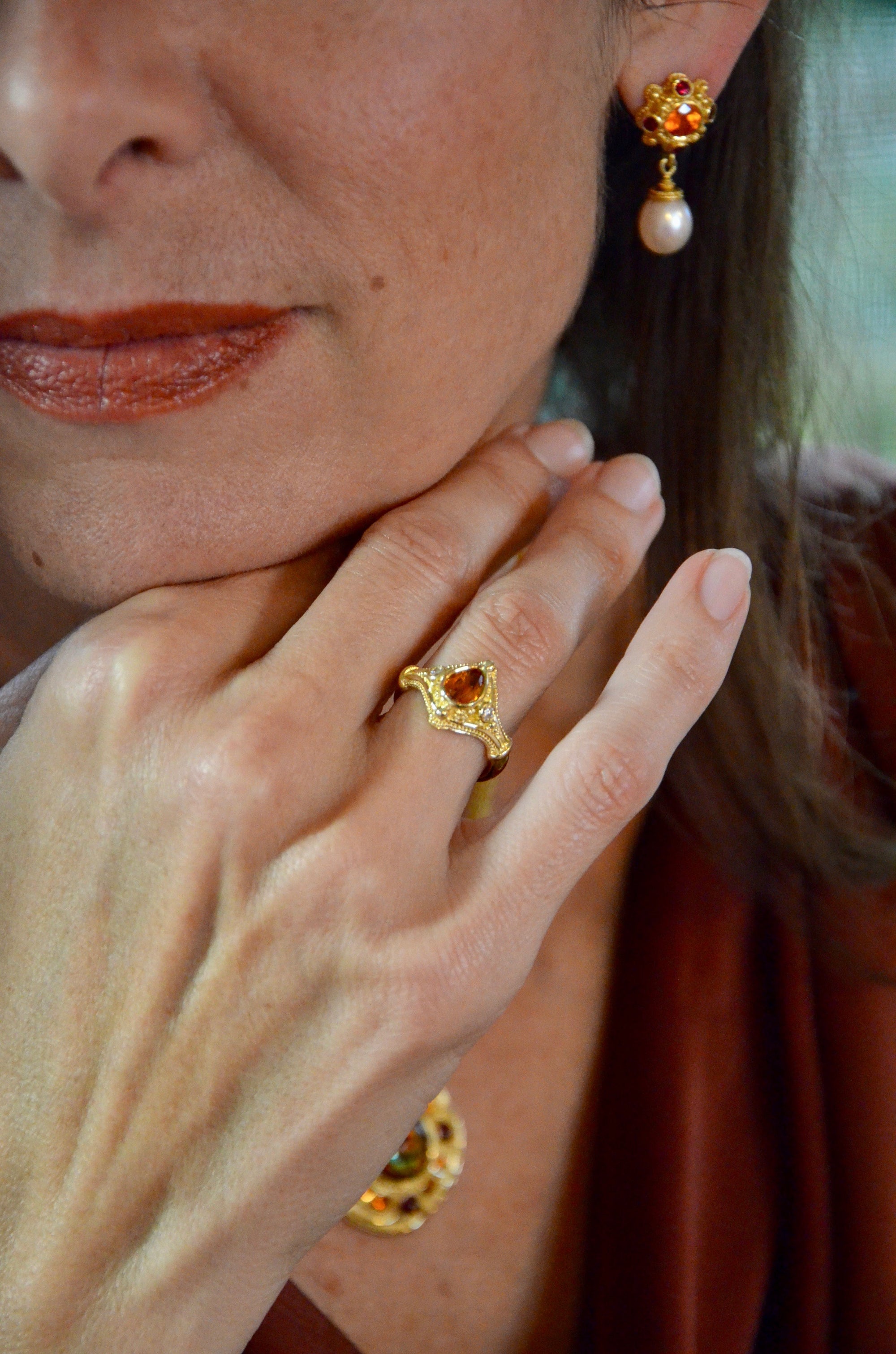 Flower Drop Earring, Mandarin Garnet, Ruby and Pearl