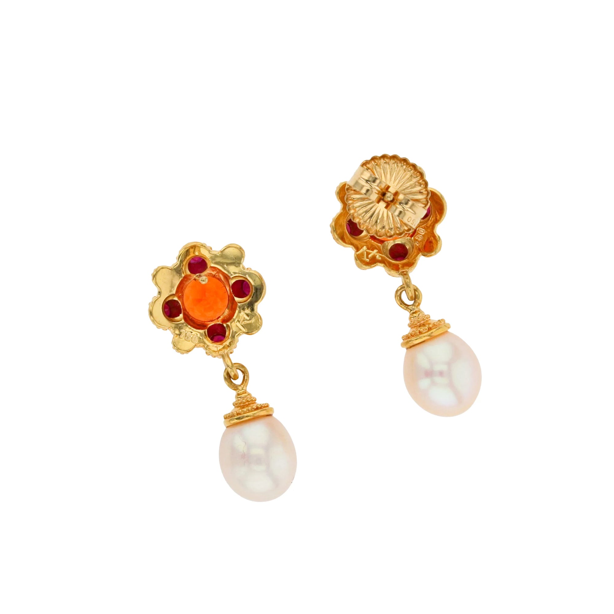 Flower Drop Earring, Mandarin Garnet, Ruby and Pearl