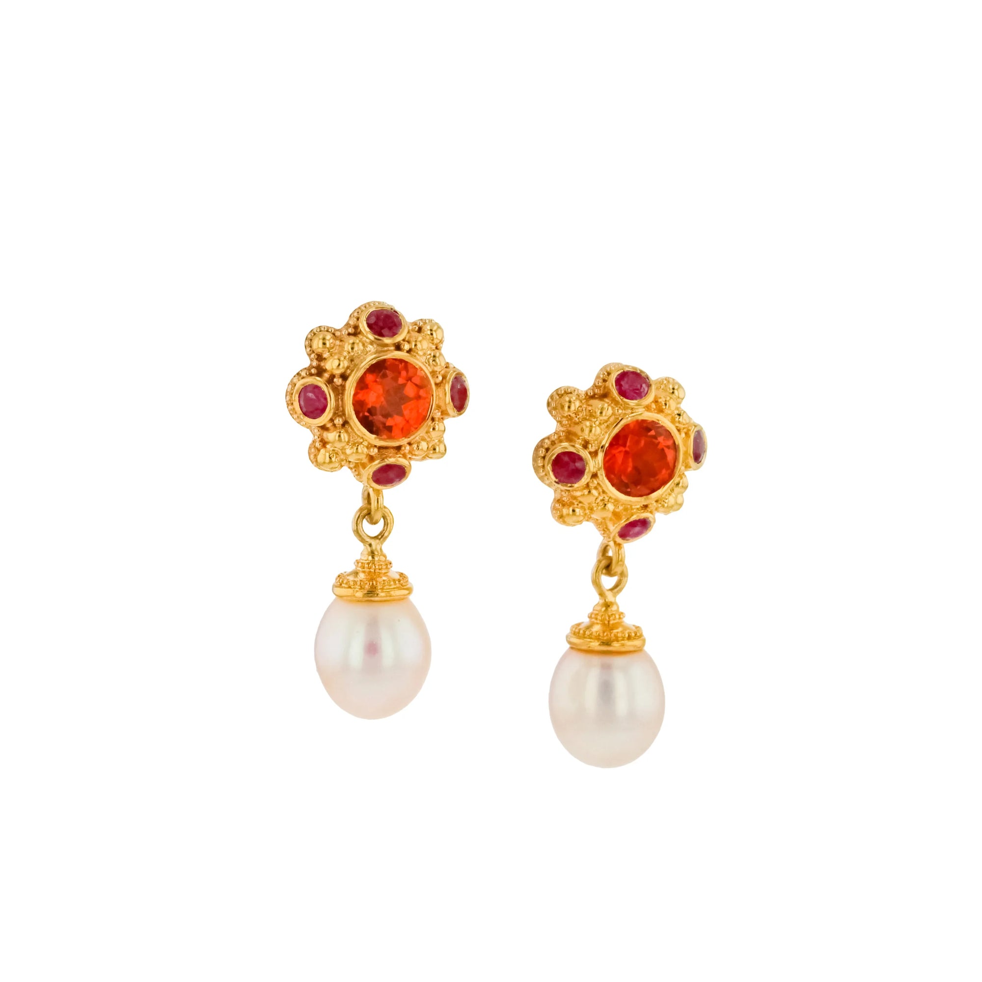 Flower Drop Earring, Mandarin Garnet, Ruby and Pearl