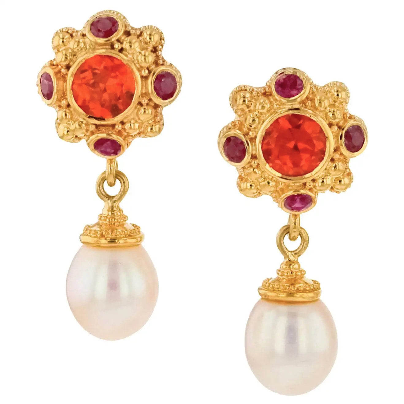 Flower Drop Earring, Mandarin Garnet, Ruby and Pearl