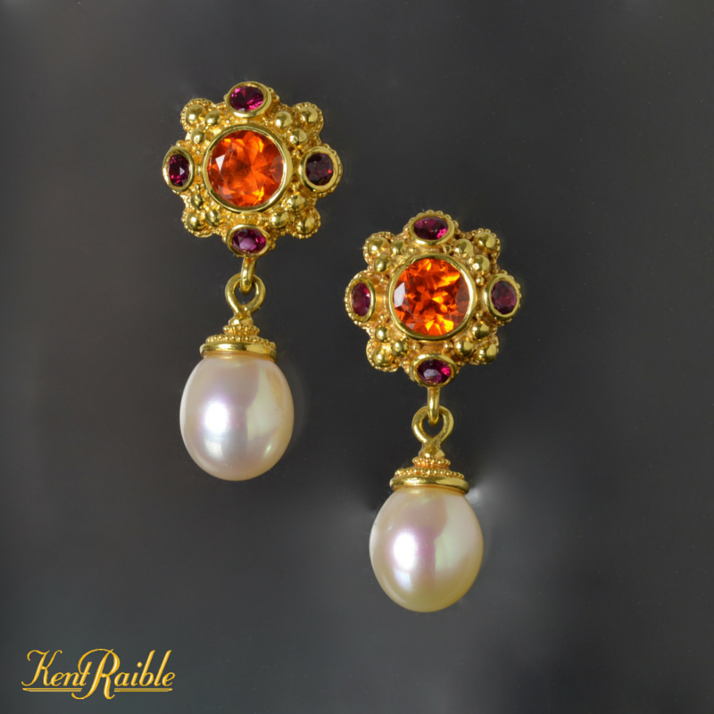Flower Drop Earring, Mandarin Garnet, Ruby and Pearl