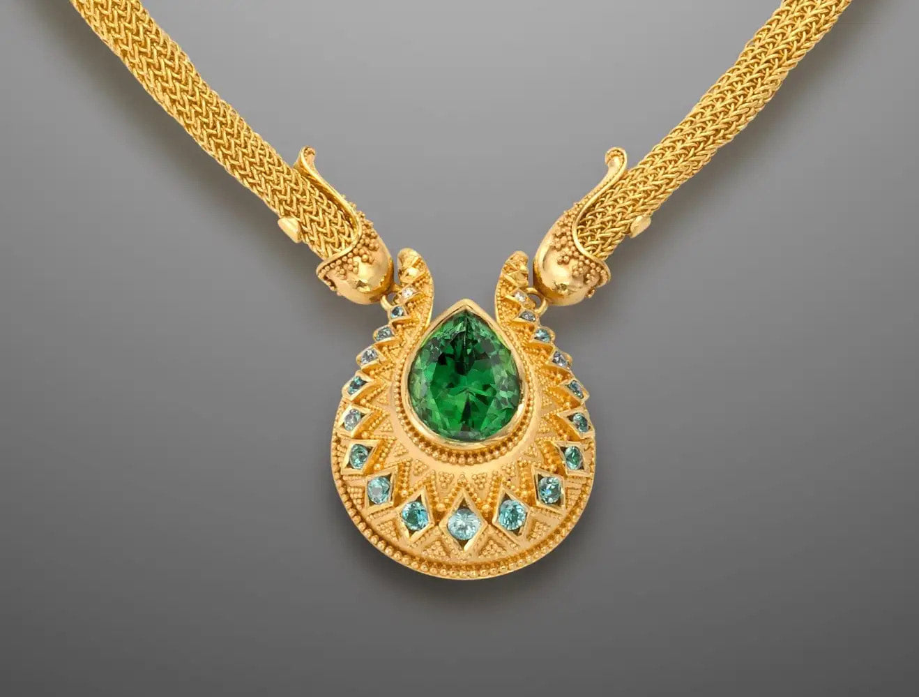 Chrome Tourmaline Drop Necklace, woven chain