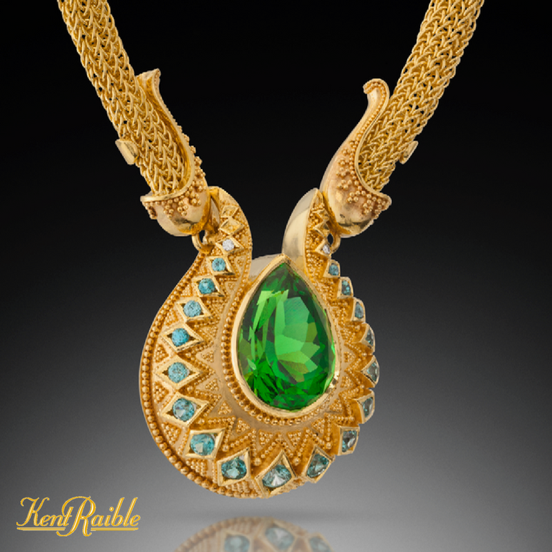 Chrome Tourmaline Drop Necklace, woven chain