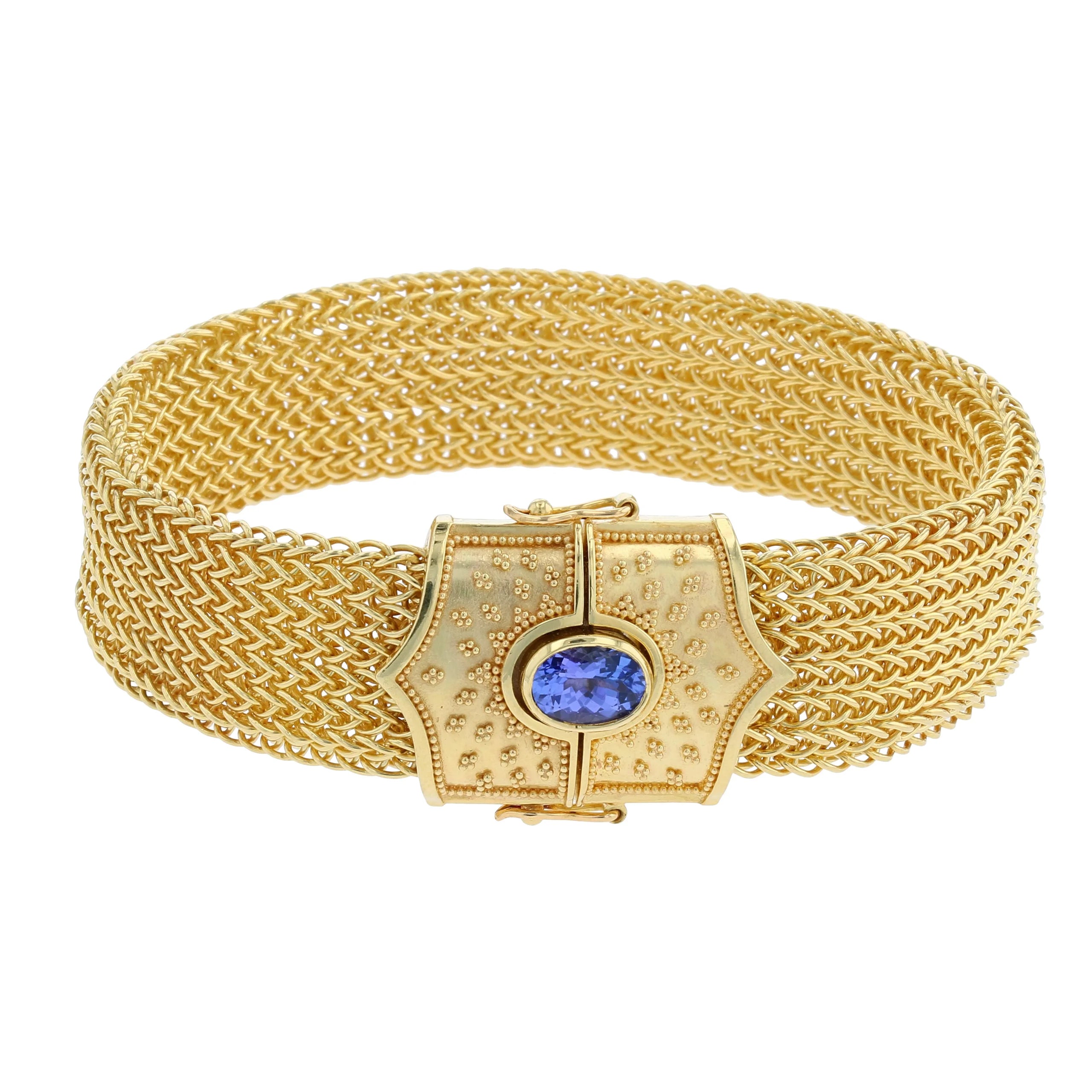 Wide Woven Chain Bracelet with Tanzanite