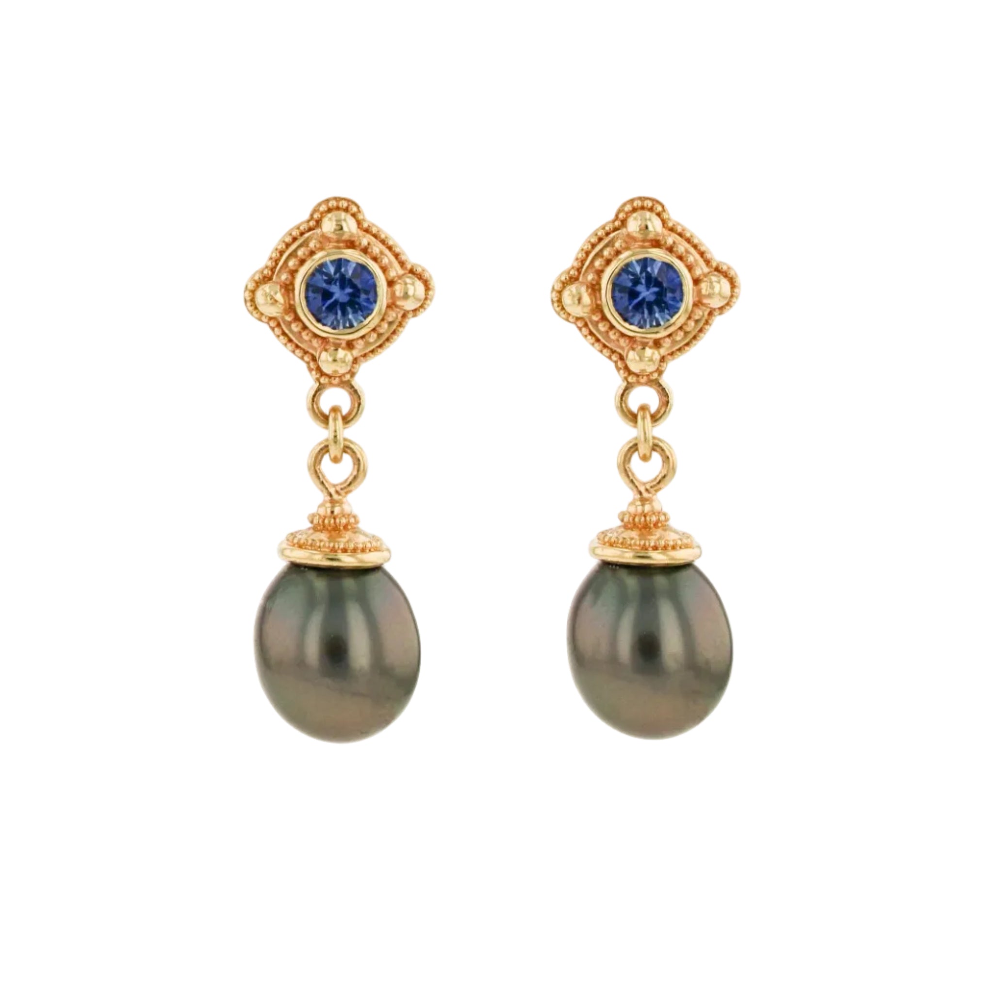 Blue Sapphire and Black Pearl Dangle Earrings
