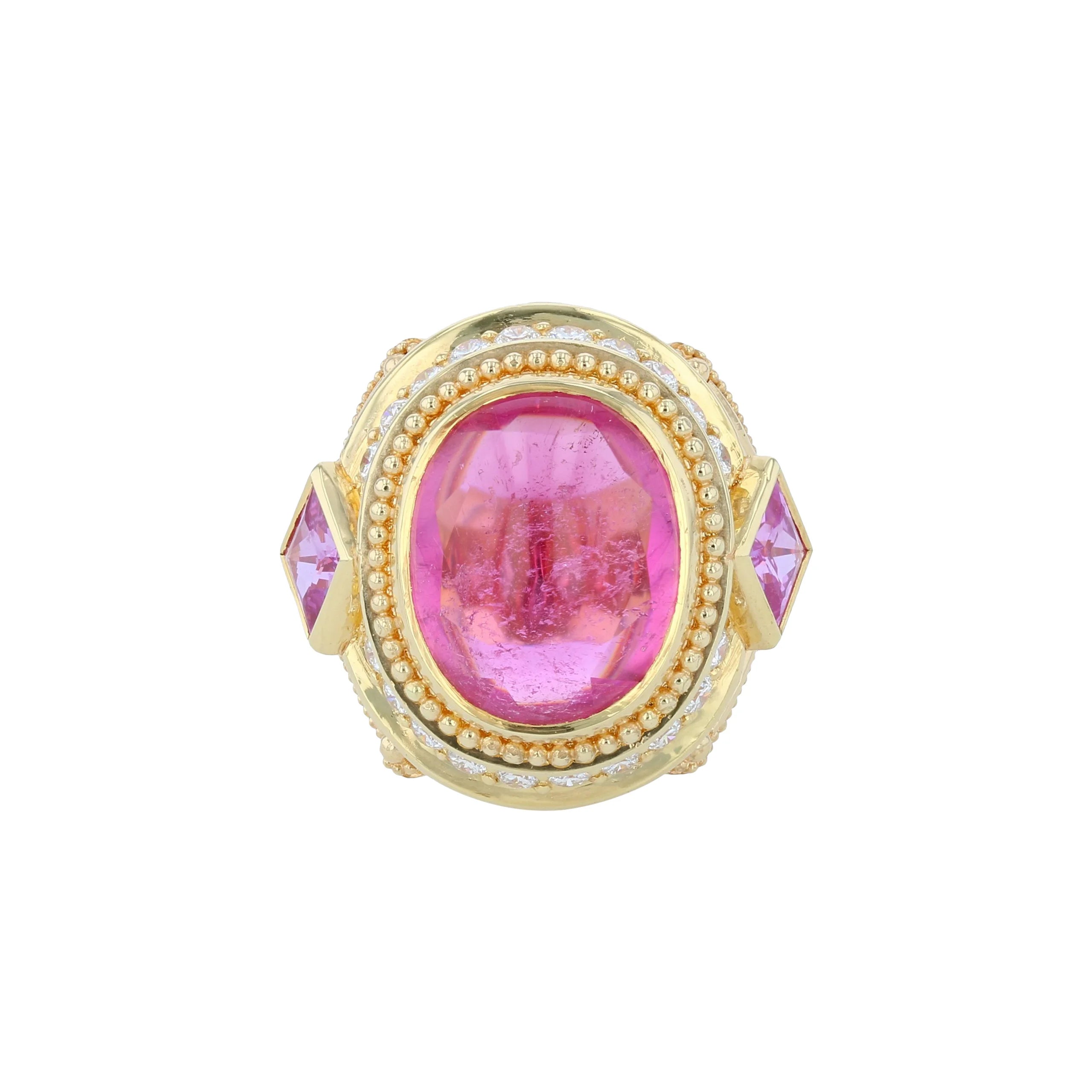 Rubellite Tourmaline, Diamond, Sapphire Cocktail Ring