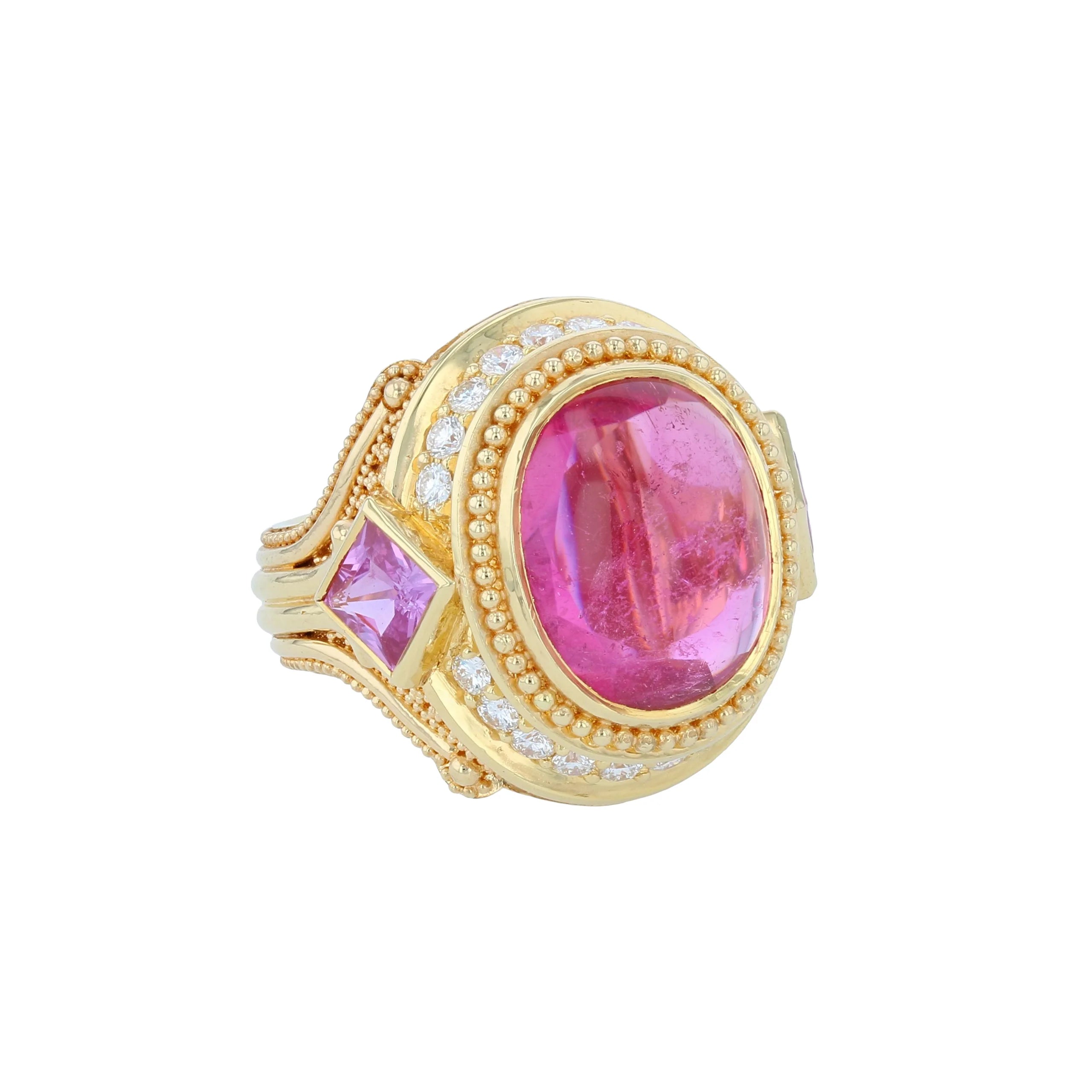 Rubellite Tourmaline, Diamond, Sapphire Cocktail Ring