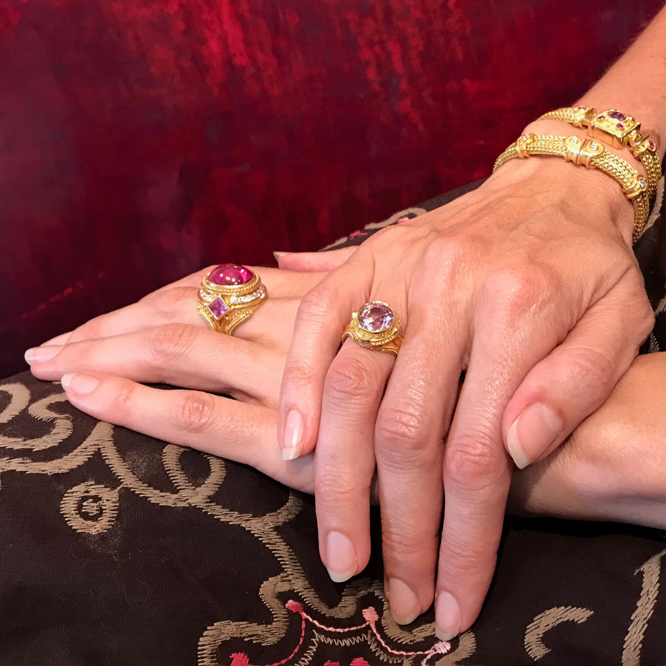 Rubellite Tourmaline, Diamond, Sapphire Cocktail Ring