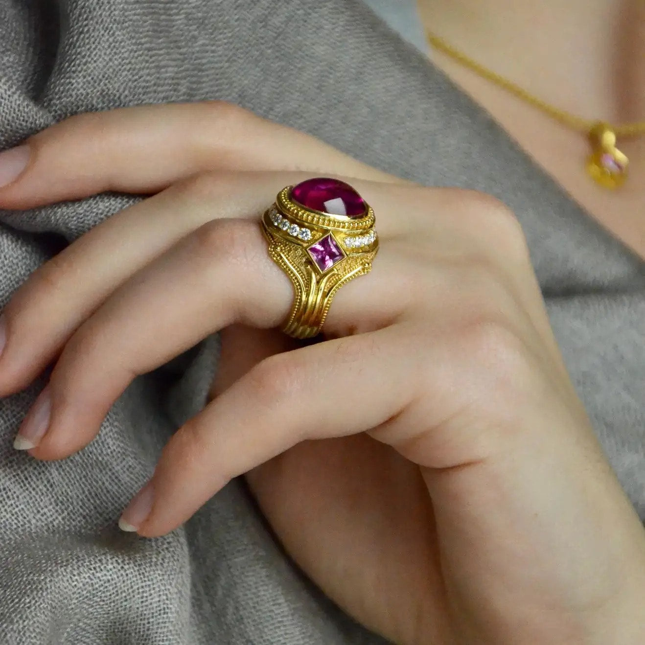 Rubellite Tourmaline, Diamond, Sapphire Cocktail Ring