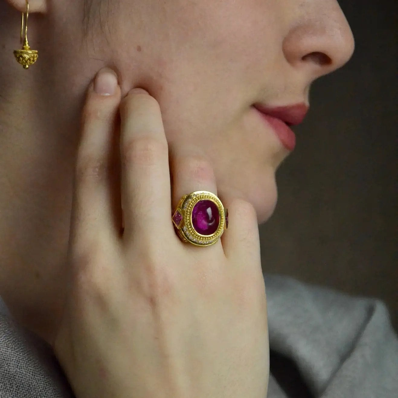 Rubellite Tourmaline, Diamond, Sapphire Cocktail Ring